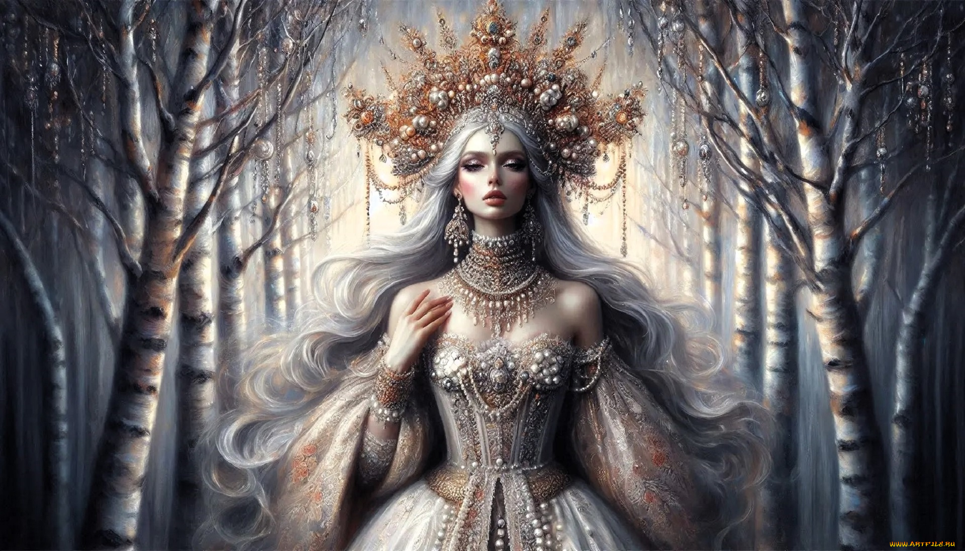 3д, графика, люди, , people, девушка, платье, кокошник, лес