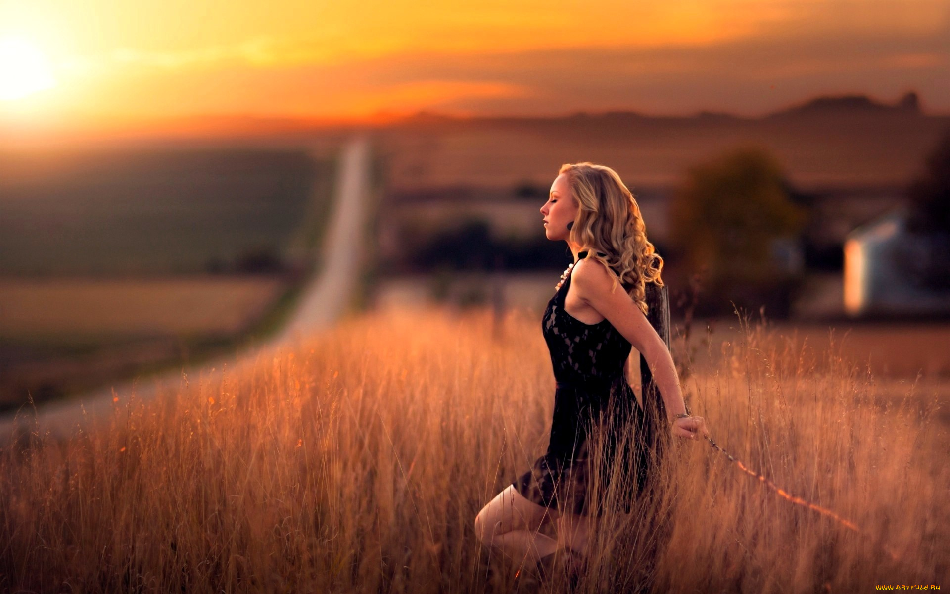 девушки, -, блондинки, , светловолосые, блондинка, платье, трава, дорога, закат