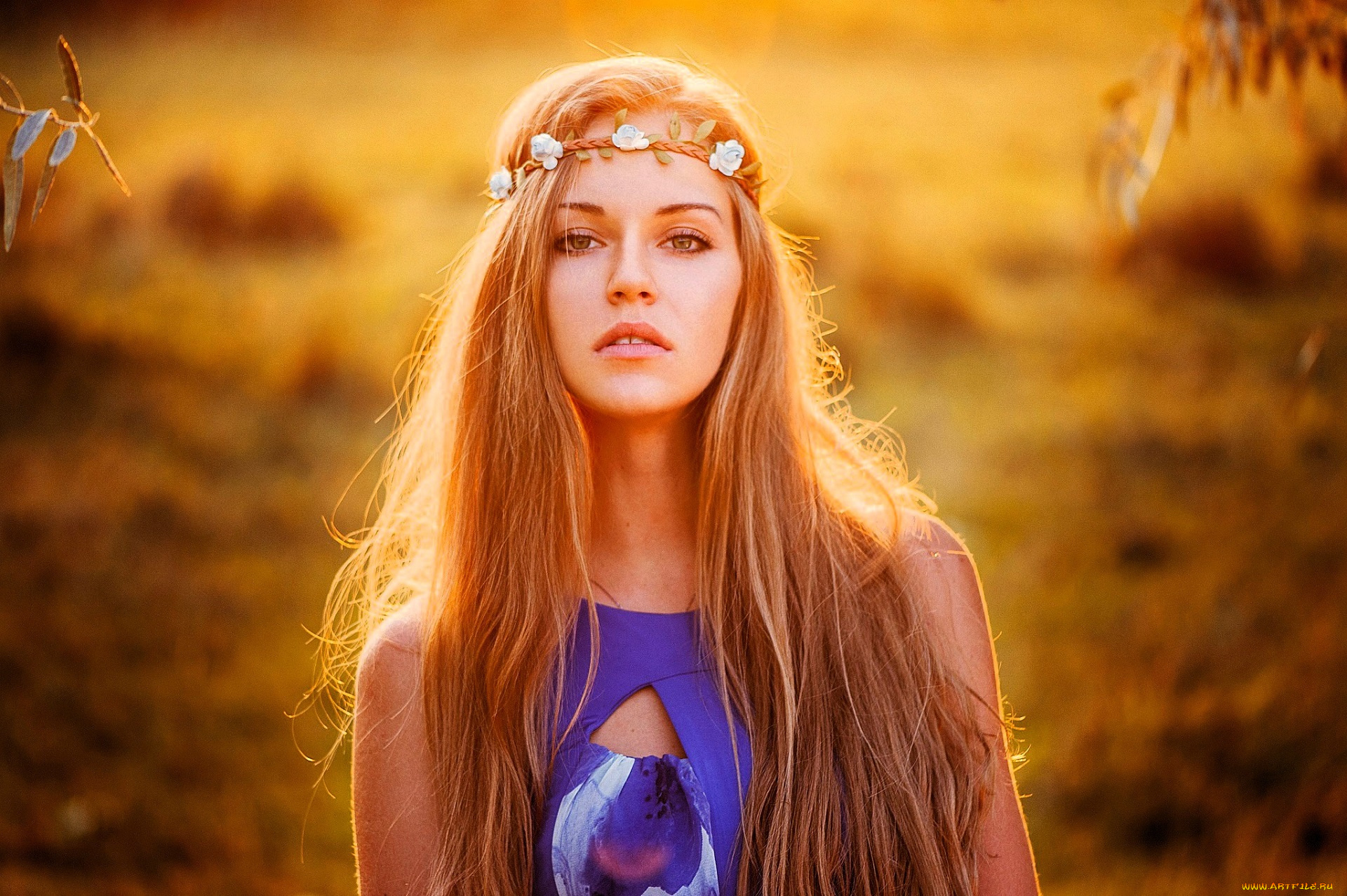 девушки, -, лица, , портреты, блондинка, венок, топ, осень