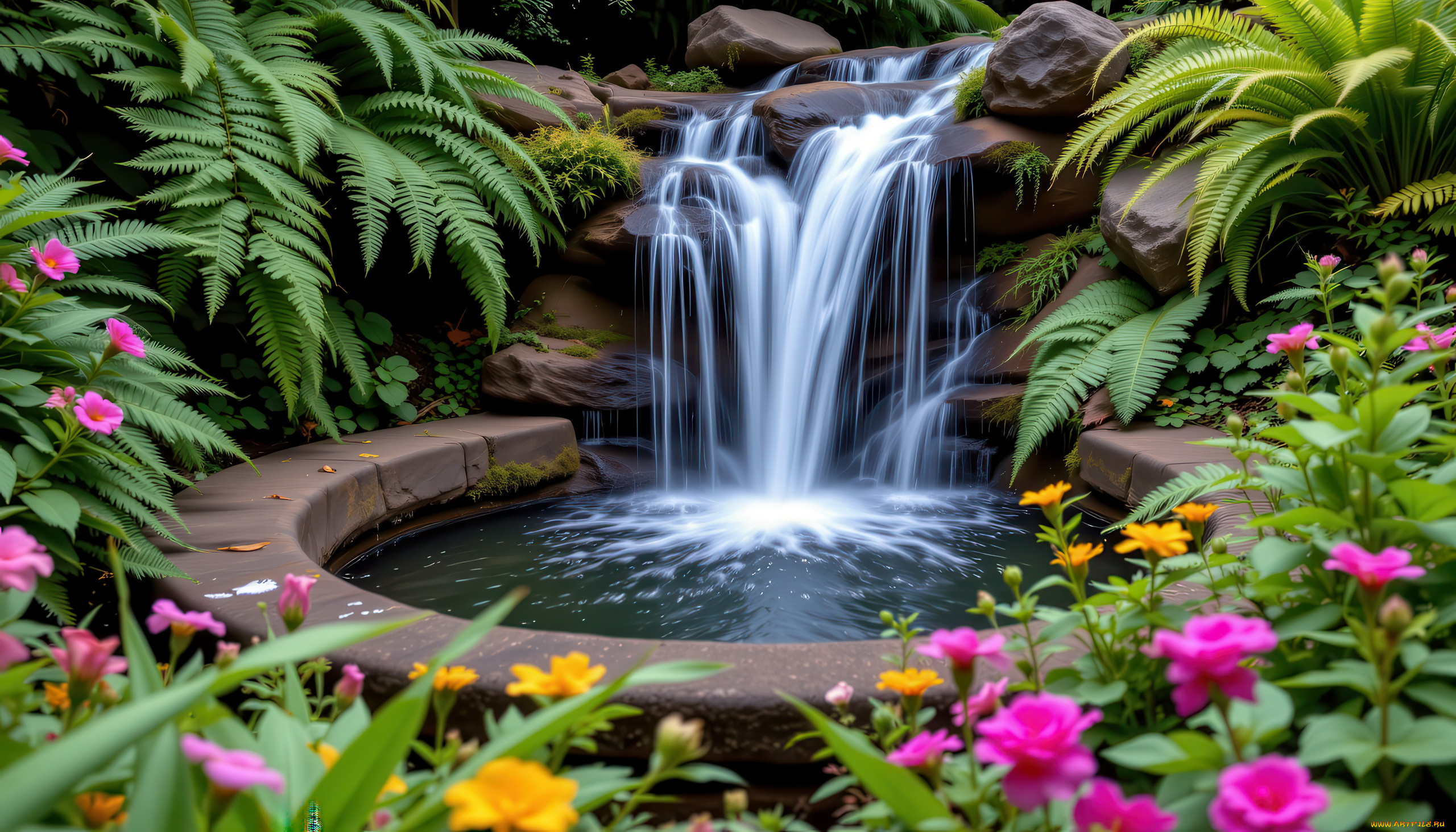 автор, wp, stl, 3д, графика, природа, , nature, парк, водопад, цветы
