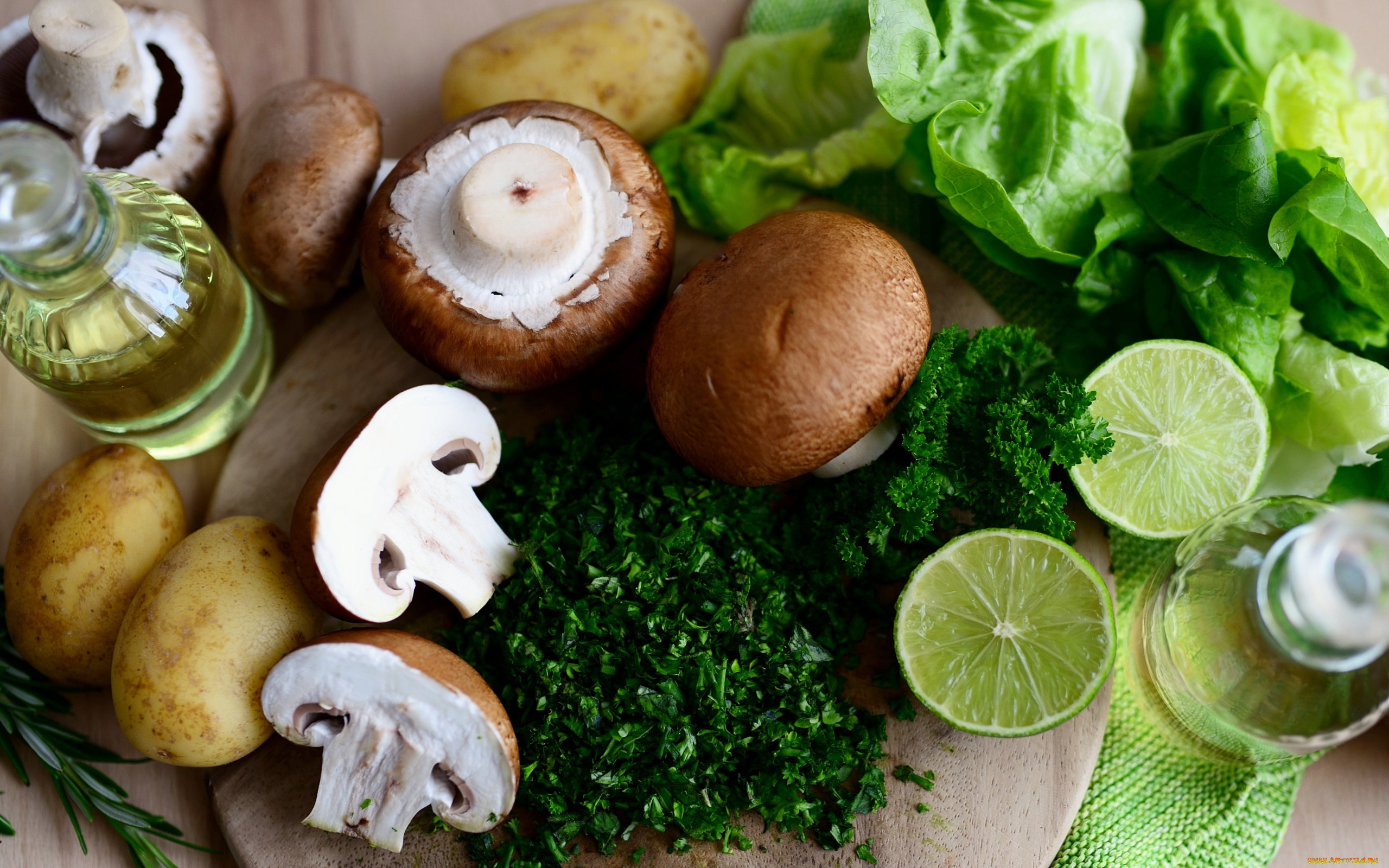 еда, разное, масло, зелень, грибы, шампиньоны