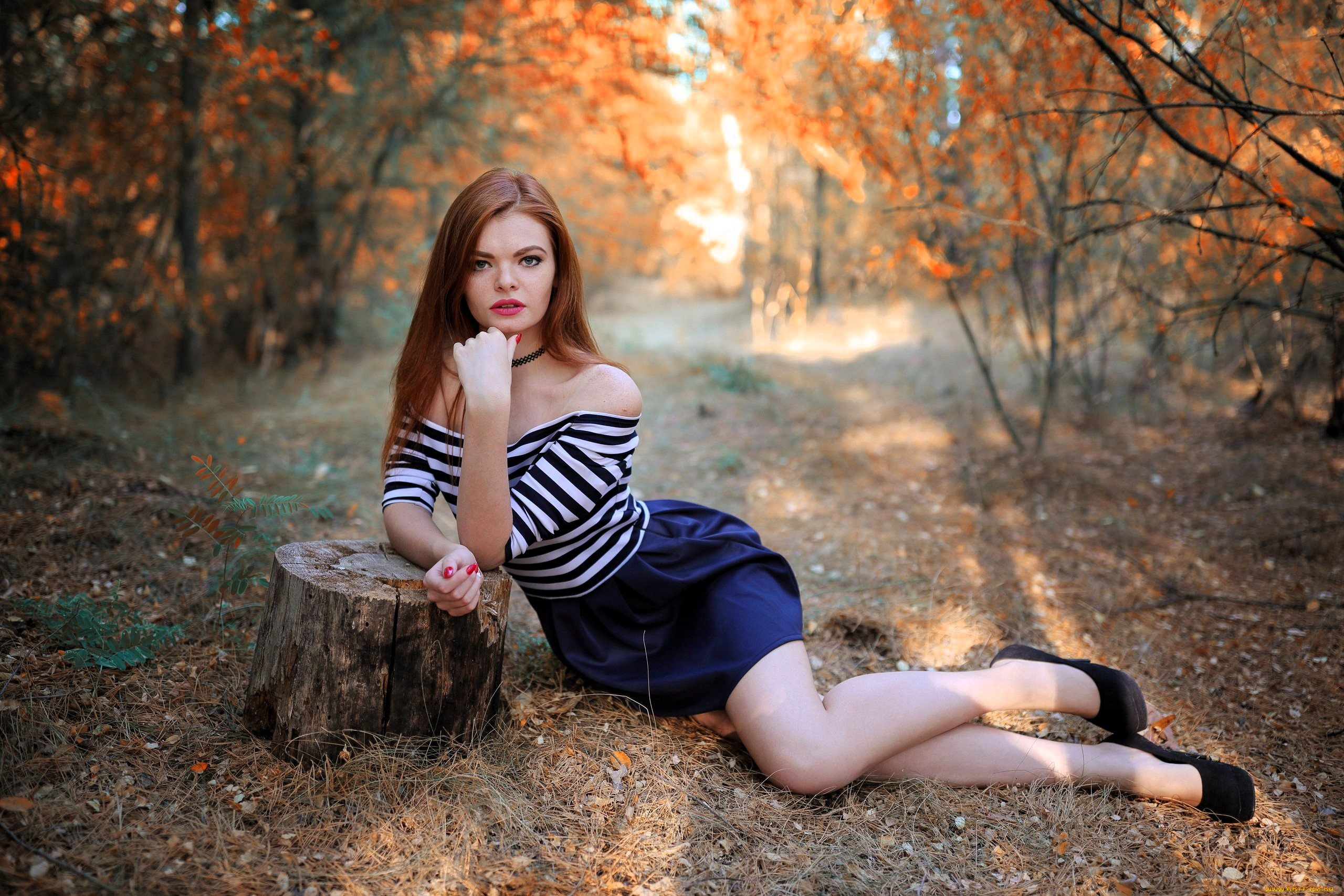 девушки, -, рыжеволосые, и, разноцветные, рыжая, топ, юбка, туфли, пень, осень, лес, деревья