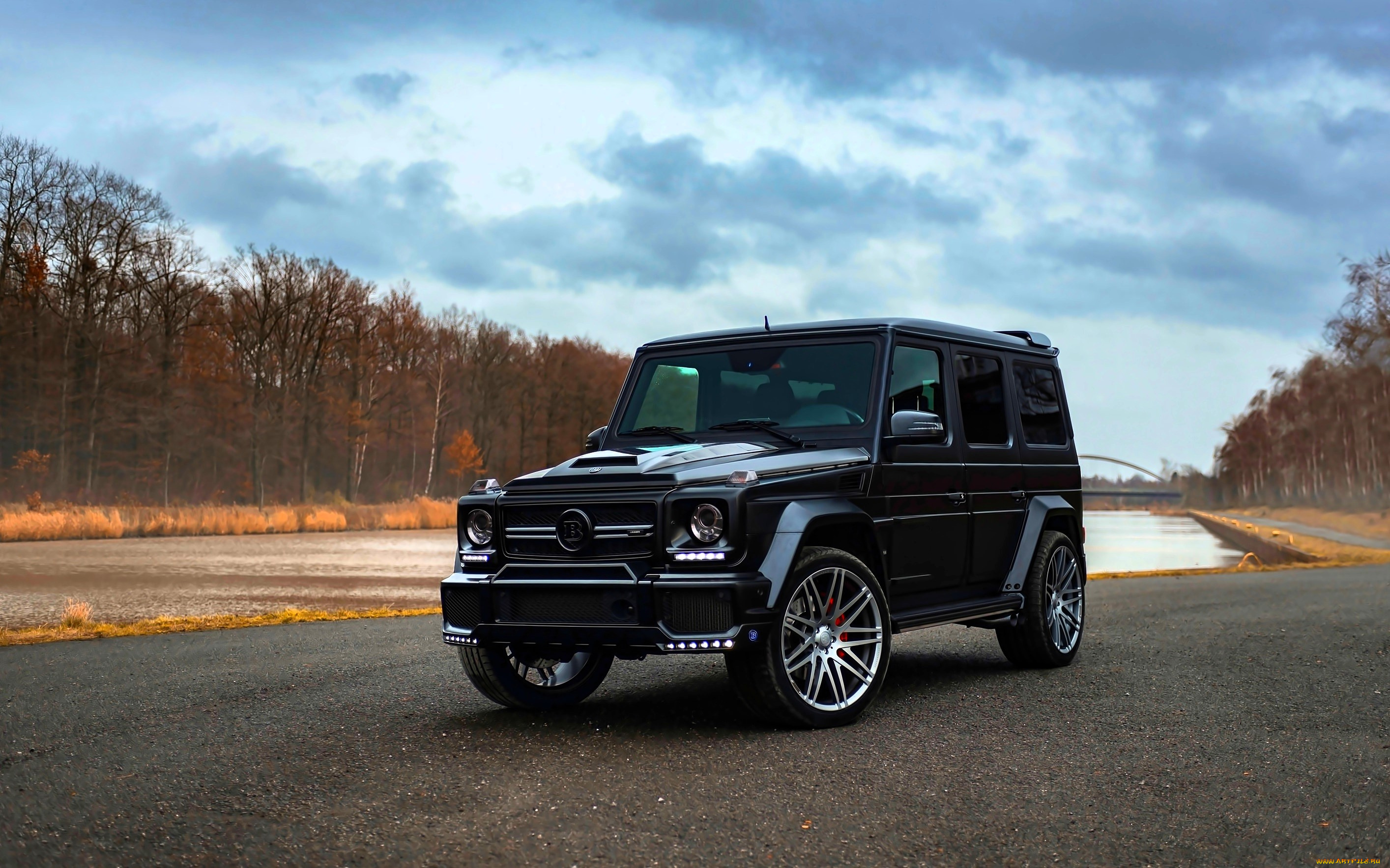 mercedes-benz, g-класс, автомобили, mercedes-benz, черный, площадка, пруд, лес, осень