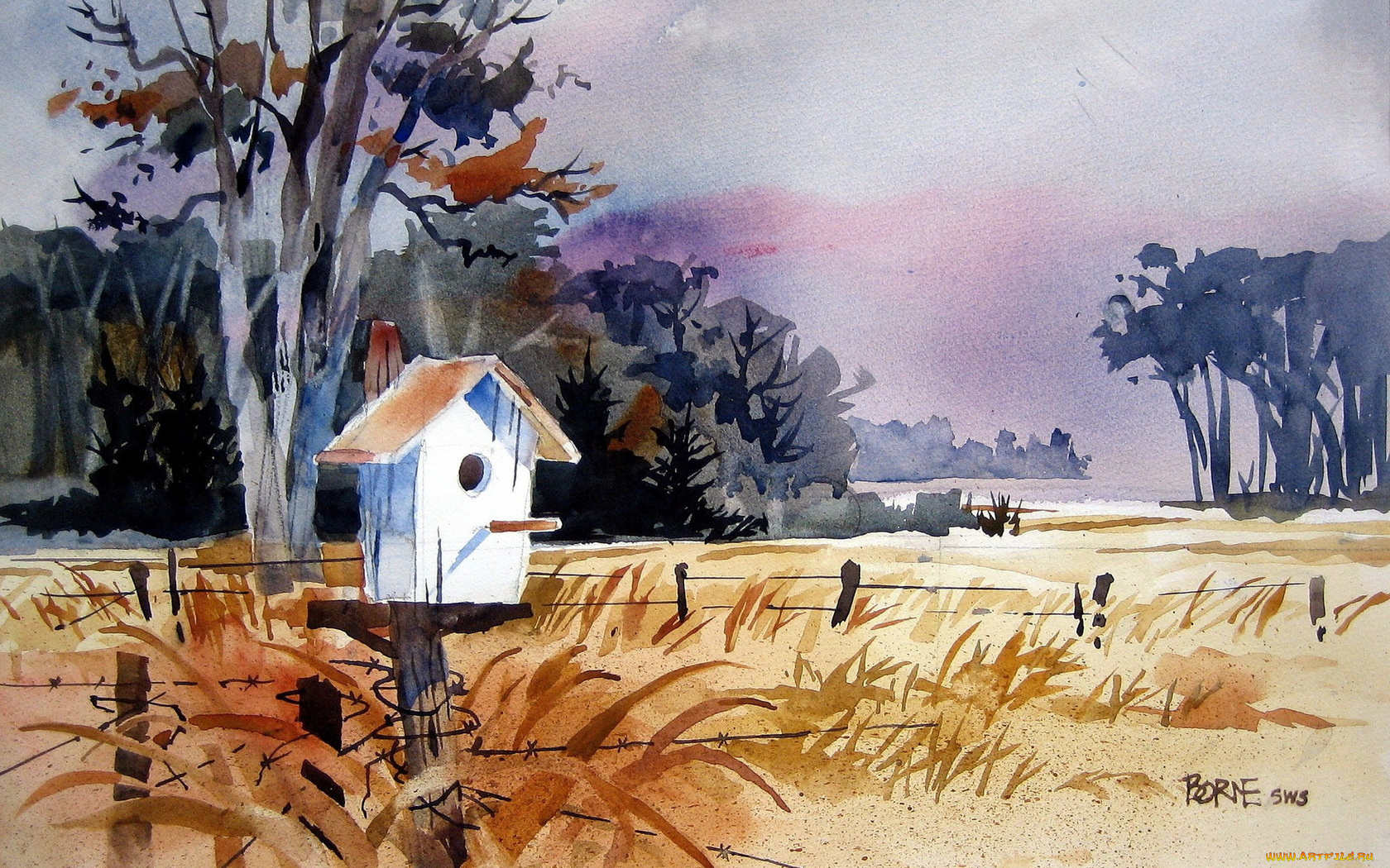 рисованные, живопись, деревья, скворечник