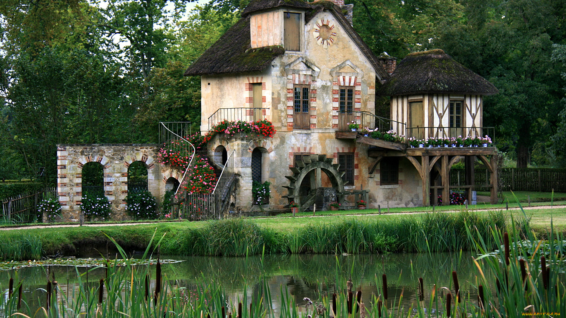 деревня, королевы, марии, антуанетты, versailles, франция, разное, мельницы, дом, цветы, река