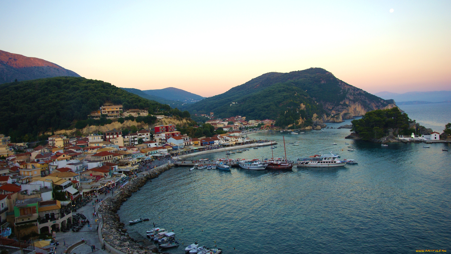 парга, греция, города, панорамы, вода, дома, побережье, вечер