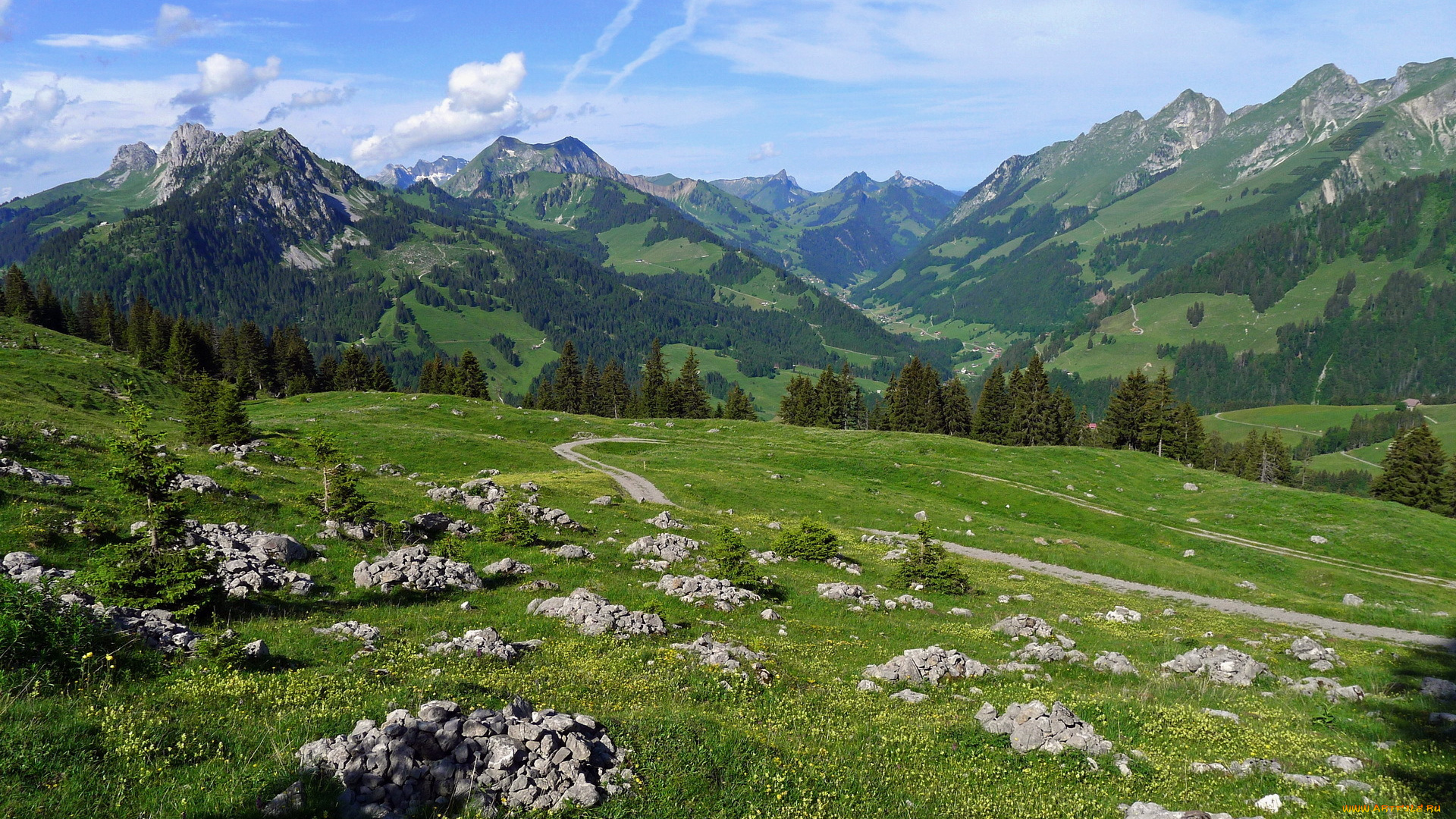 природа, горы, камни, небо, облака, швейцария, горизонт, дорога