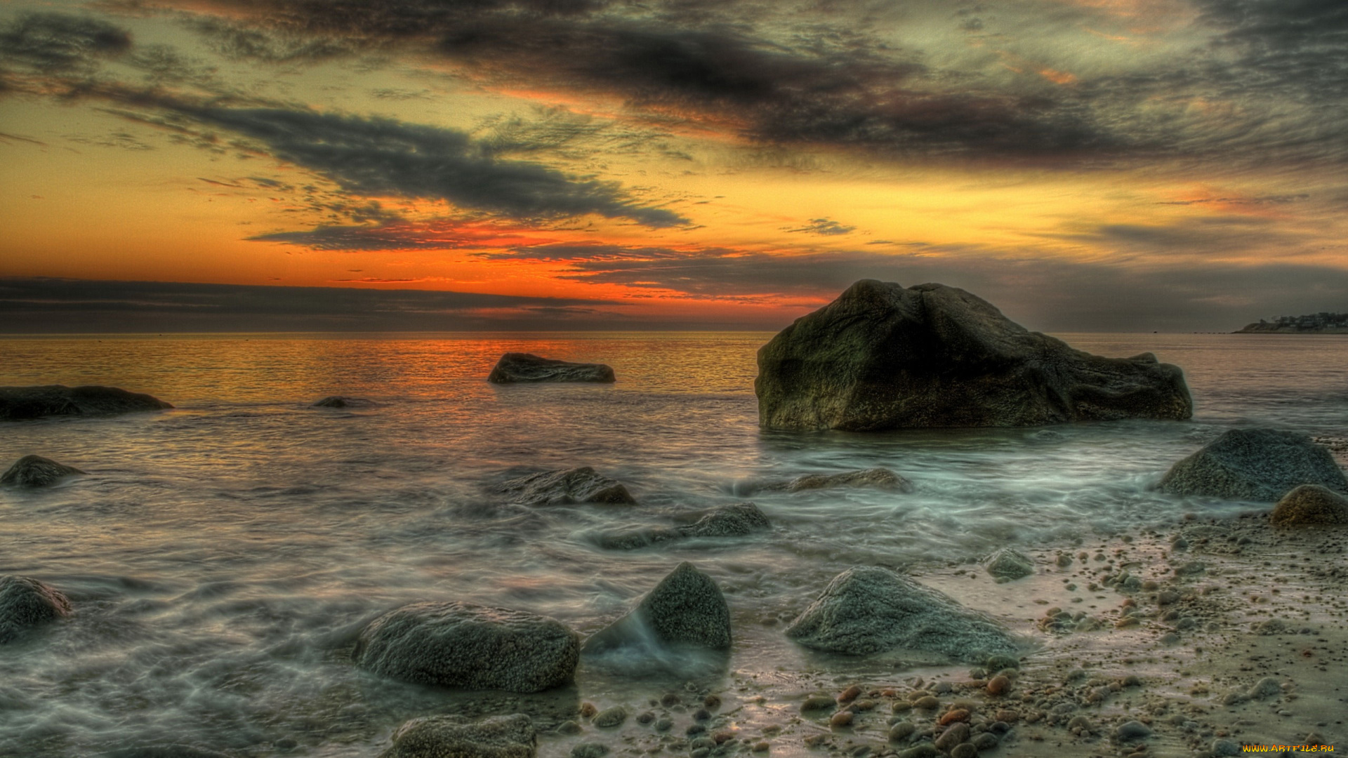 природа, побережье, камни, тучи, сумрак, океан, горизонт, берег