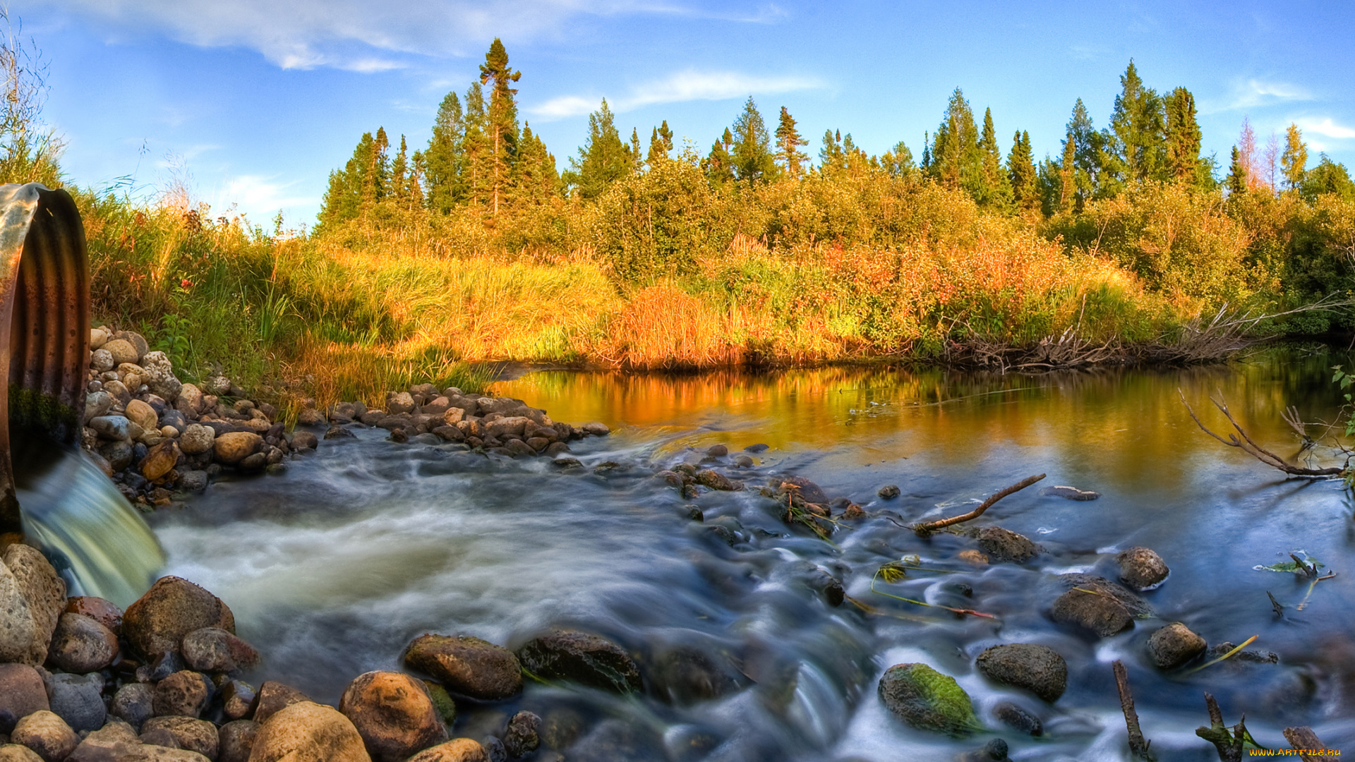 природа, реки, озера, река, лес, трава, поток, труба, камни