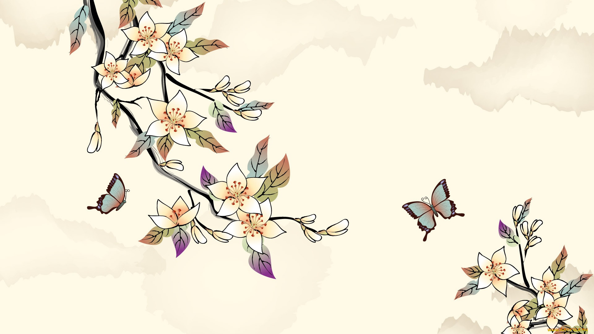 рисованные, цветы, листья