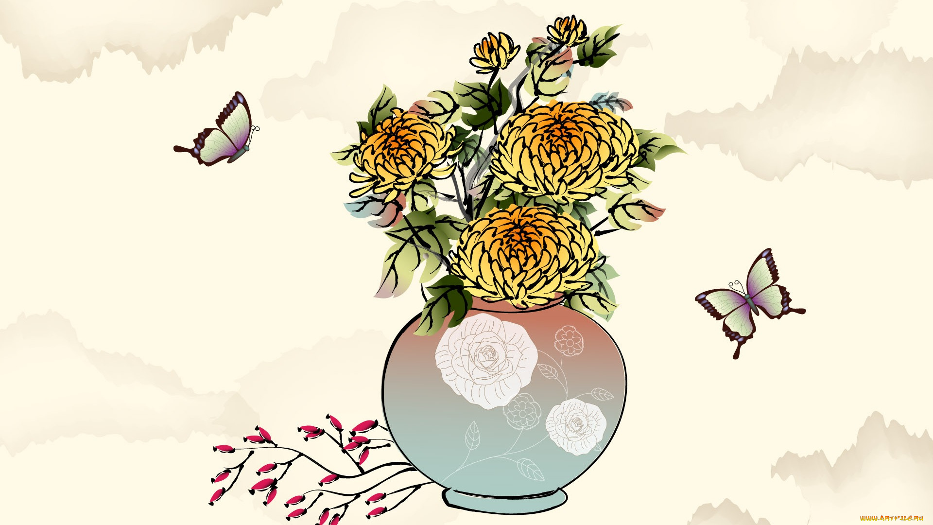 рисованные, цветы, листья