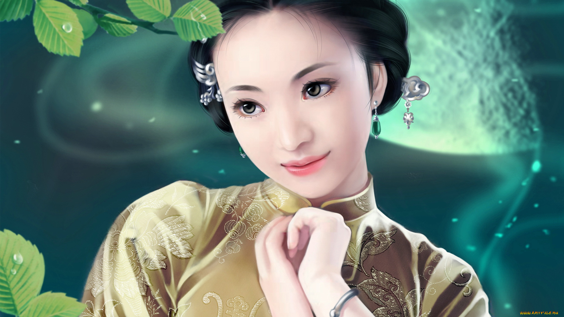 рисованные, люди, азиатка, девушка, взгляд, ветка