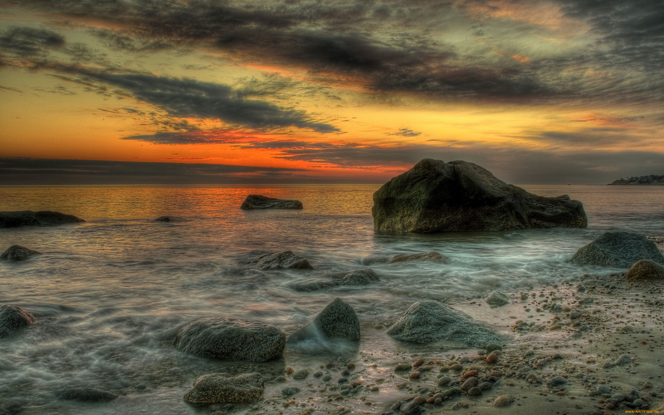 природа, побережье, камни, тучи, сумрак, океан, горизонт, берег