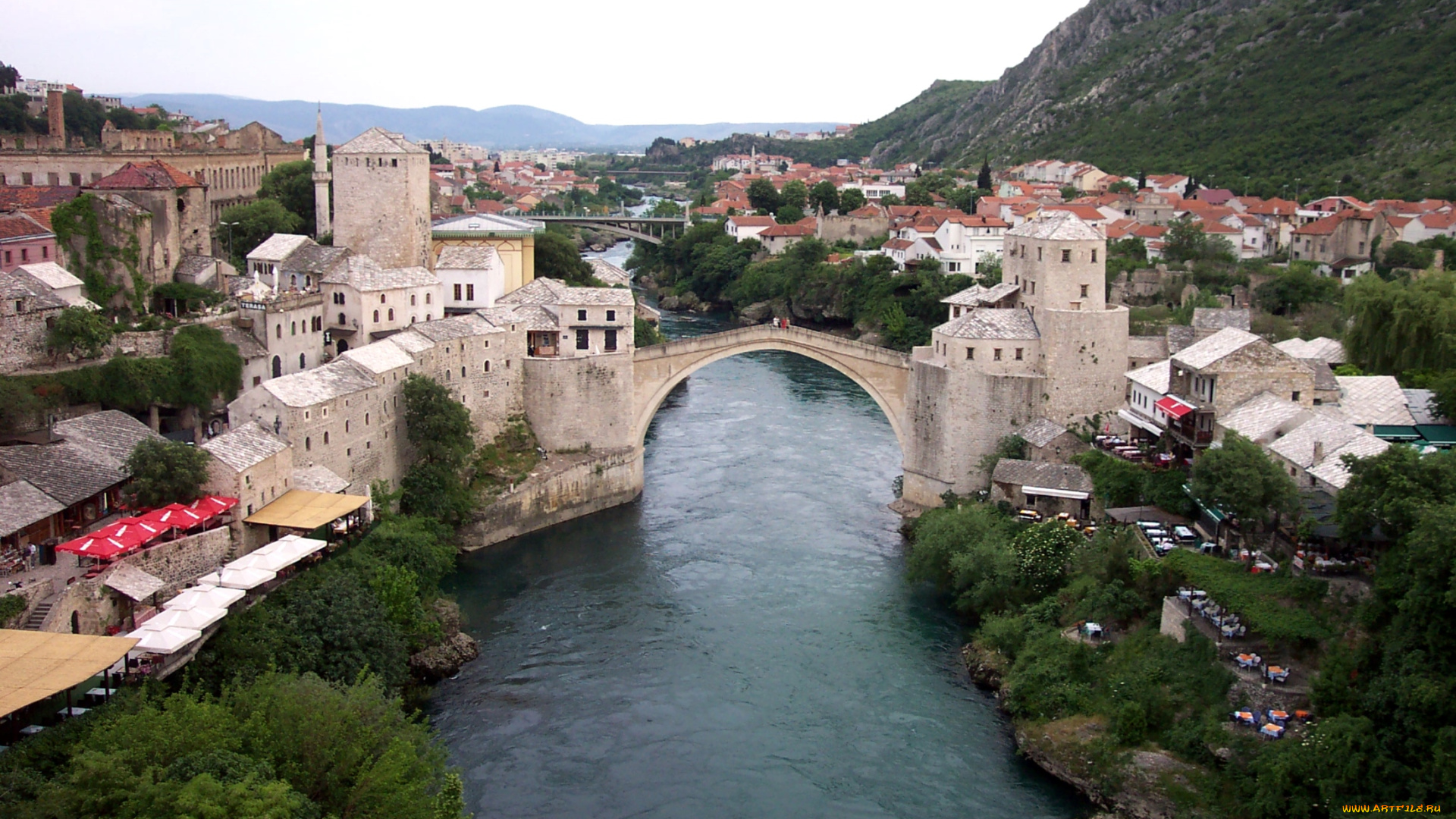 города, мостар, босния, герцеговина, река, мост, дома