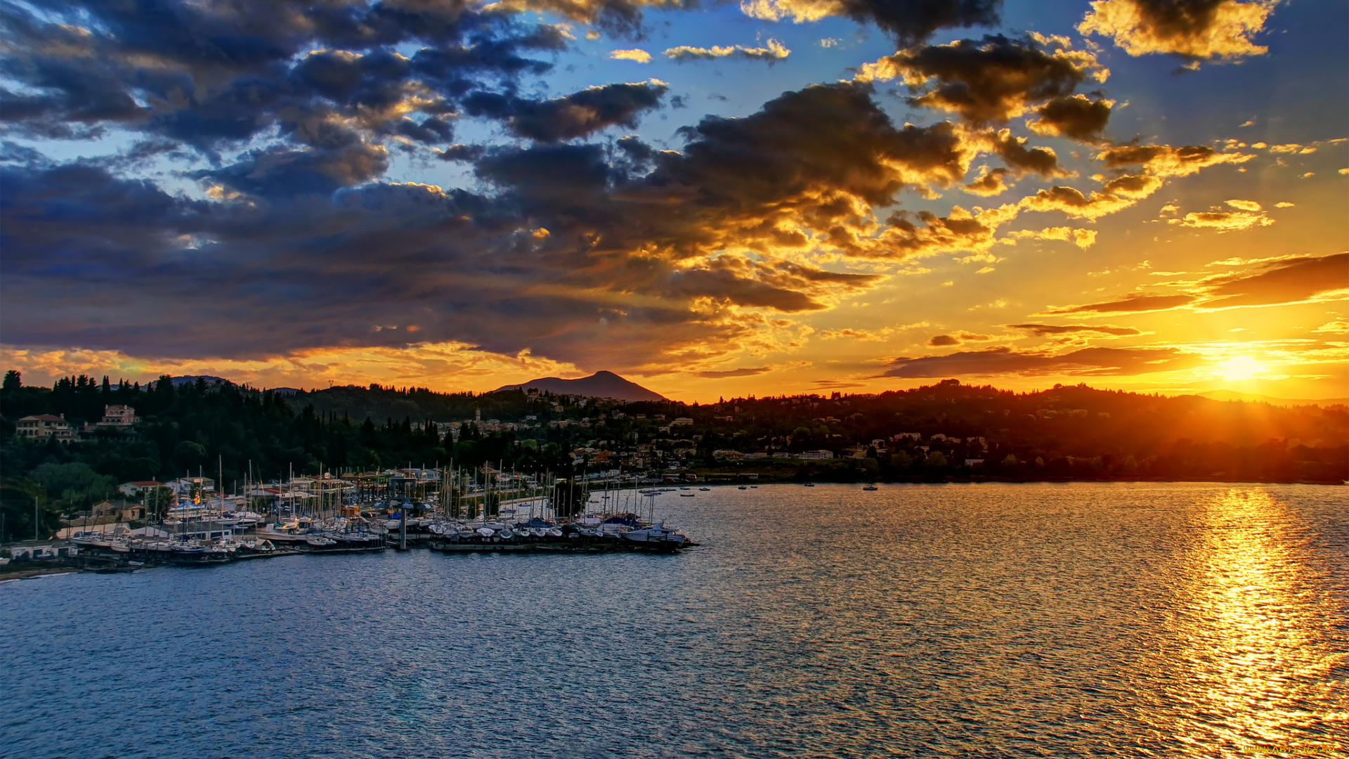 греция, керкира, города, пейзажи, море, дома, закат