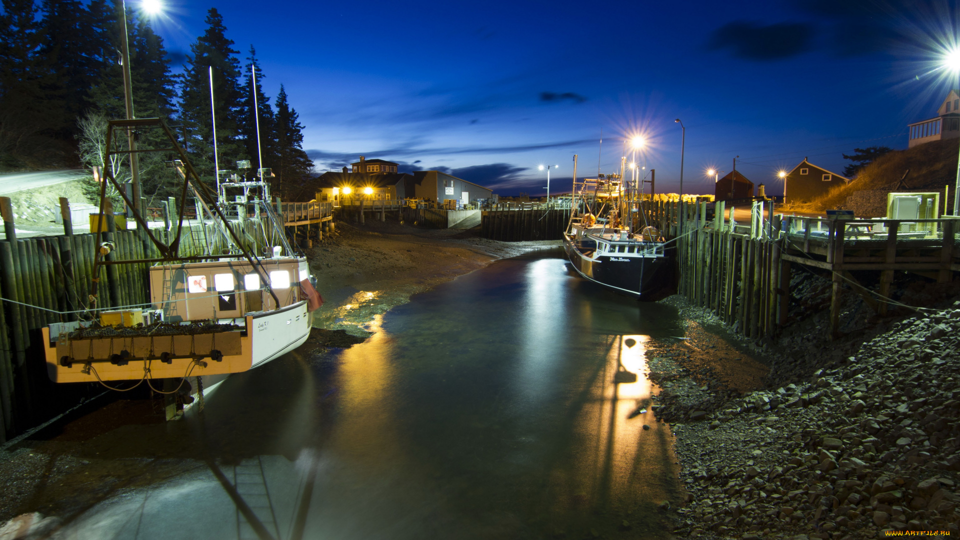 halls, harbour, canada, канада, ночь, суда, река, дома, причалы