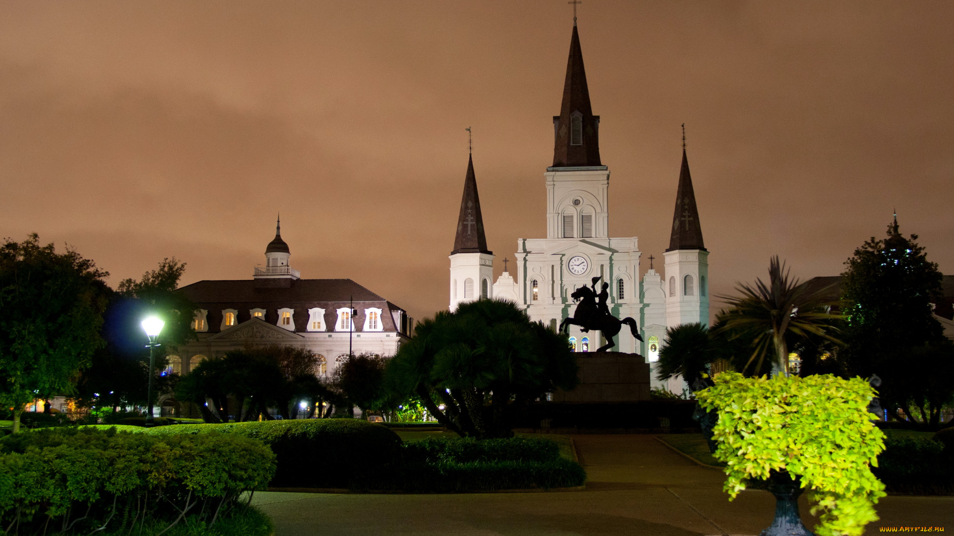 новый, орлеан, сша, города, огни, ночного, памятник, дома, ночь, парк