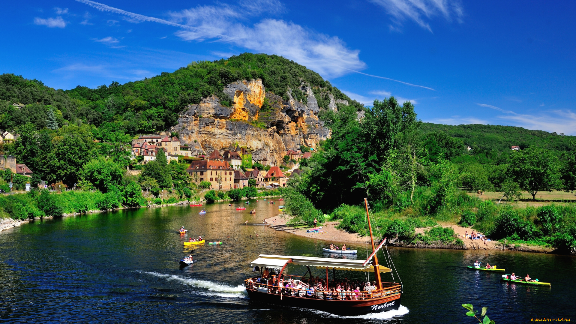 рокамадур, франция, города, пейзажи, река, скалы, дома