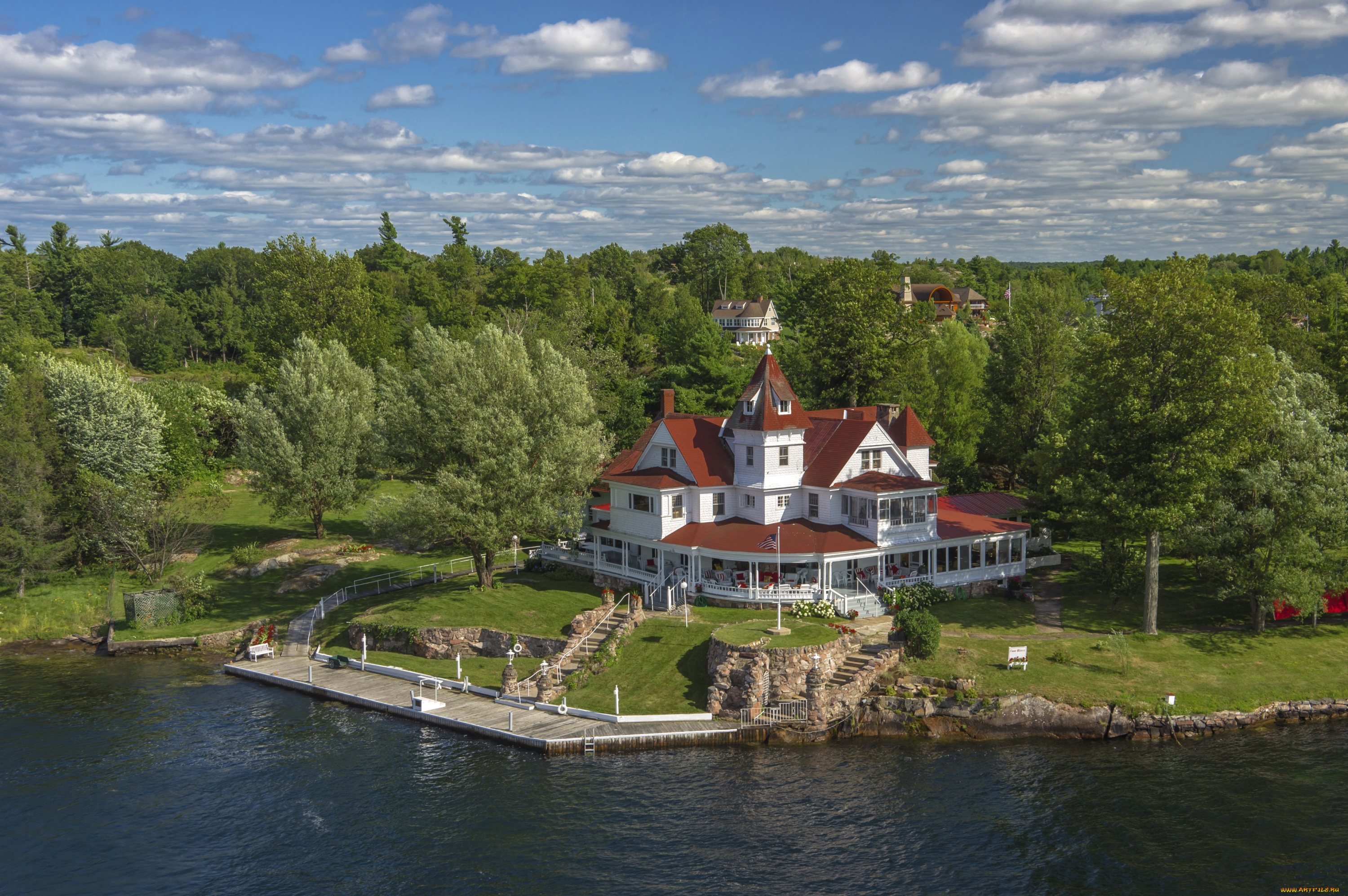 города, здания, дома, кафе, река, лес