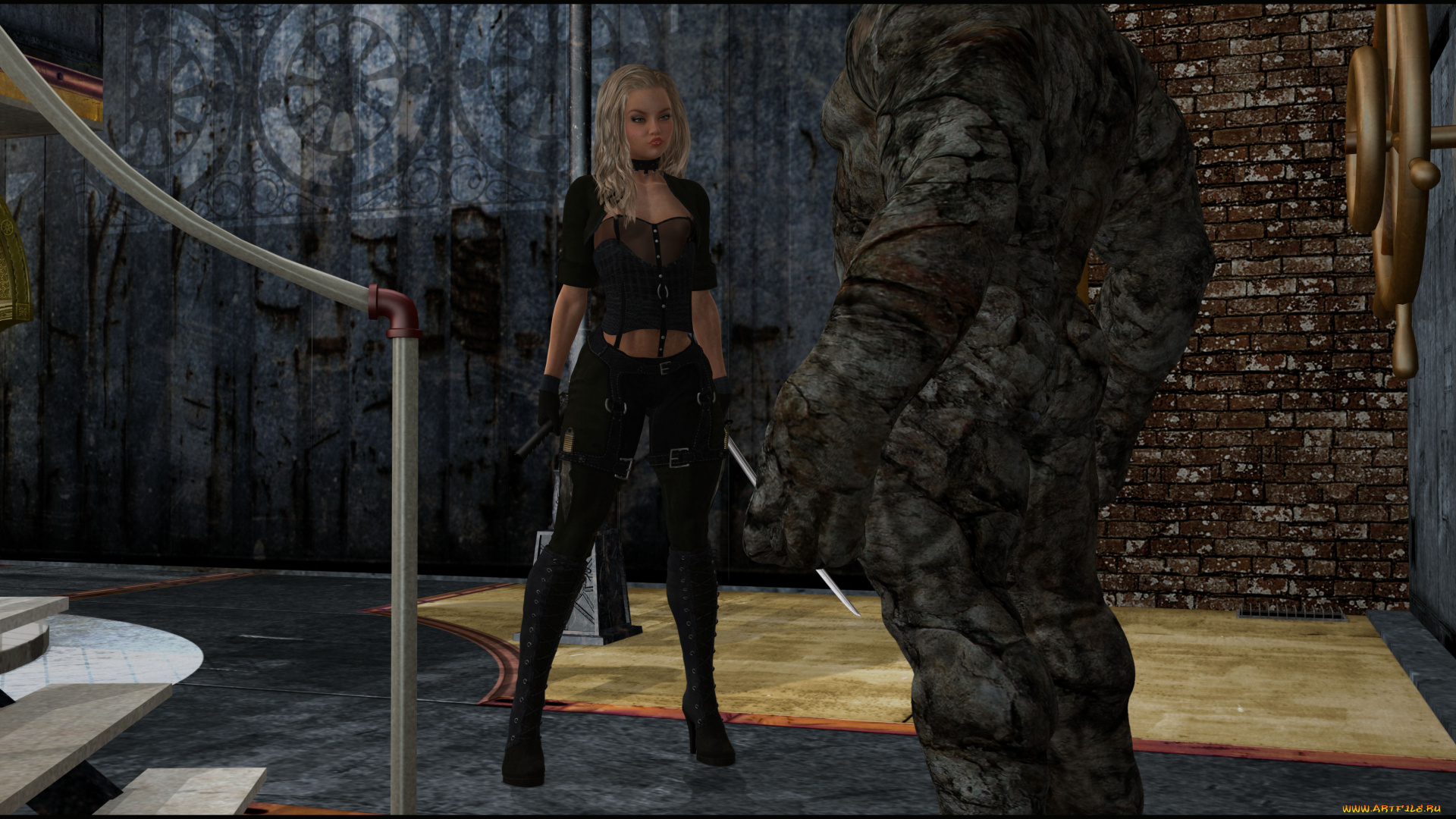 3д, графика, фантазия, , fantasy, существо, оружие, фон, взгляд, девушка