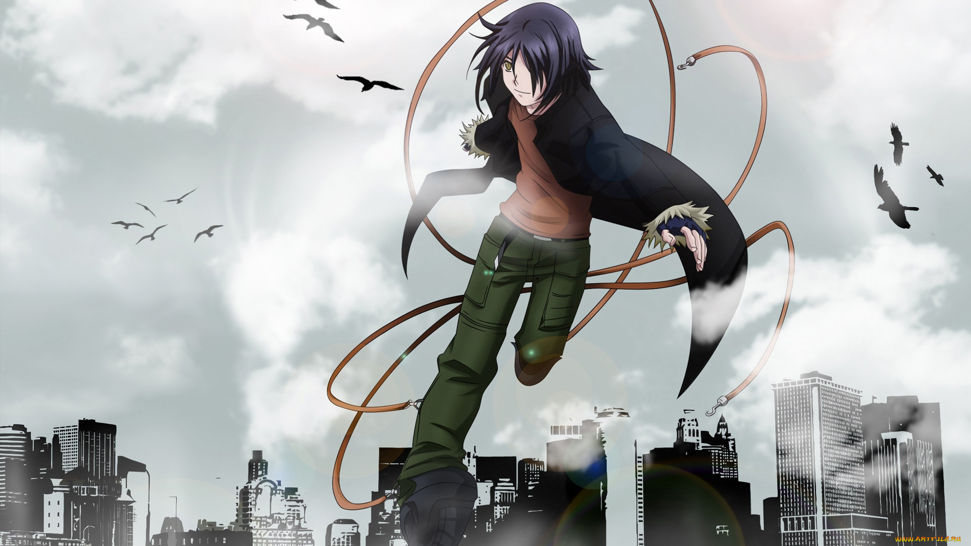 аниме, air, gear, мальчик, мультфильм, небо, air, gear, птицы, город, ицуки, минами