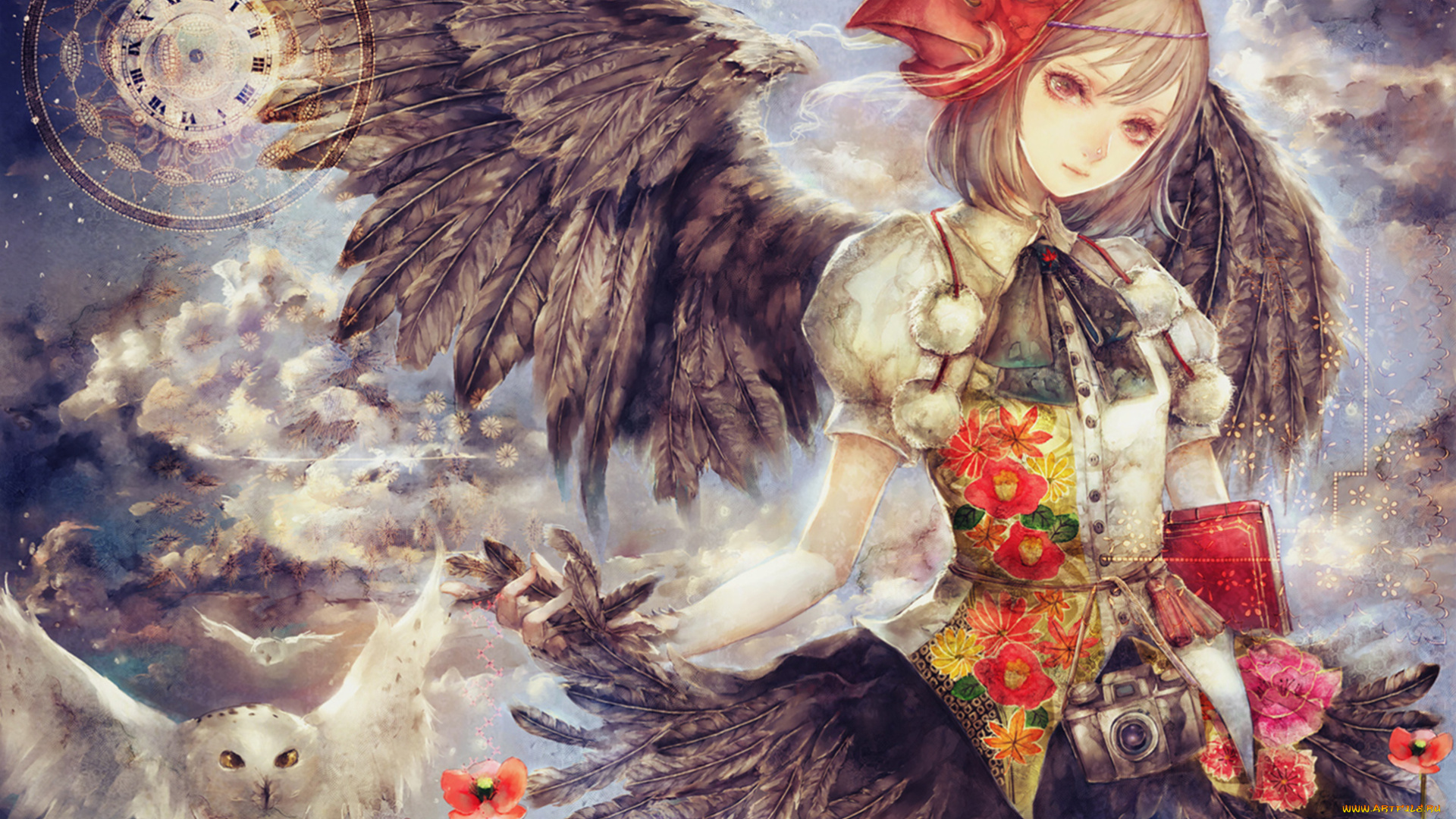 аниме, ангелы, , демоны, фотоаппарат, книга, сова, маска, крылья, перья, цветы, девушка