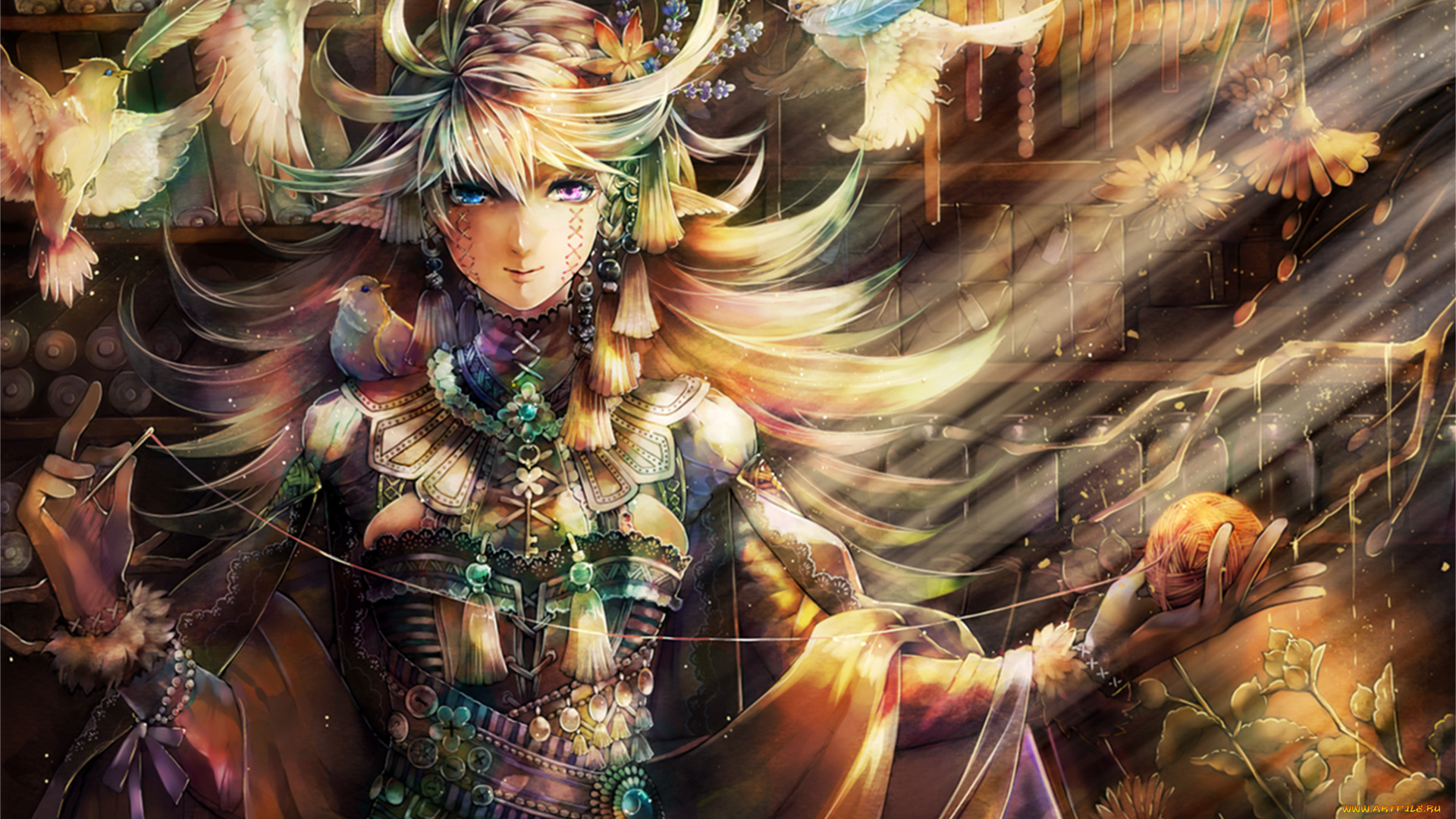 аниме, ангелы, , демоны, птицы, клубок, иголка, нитки, девушка