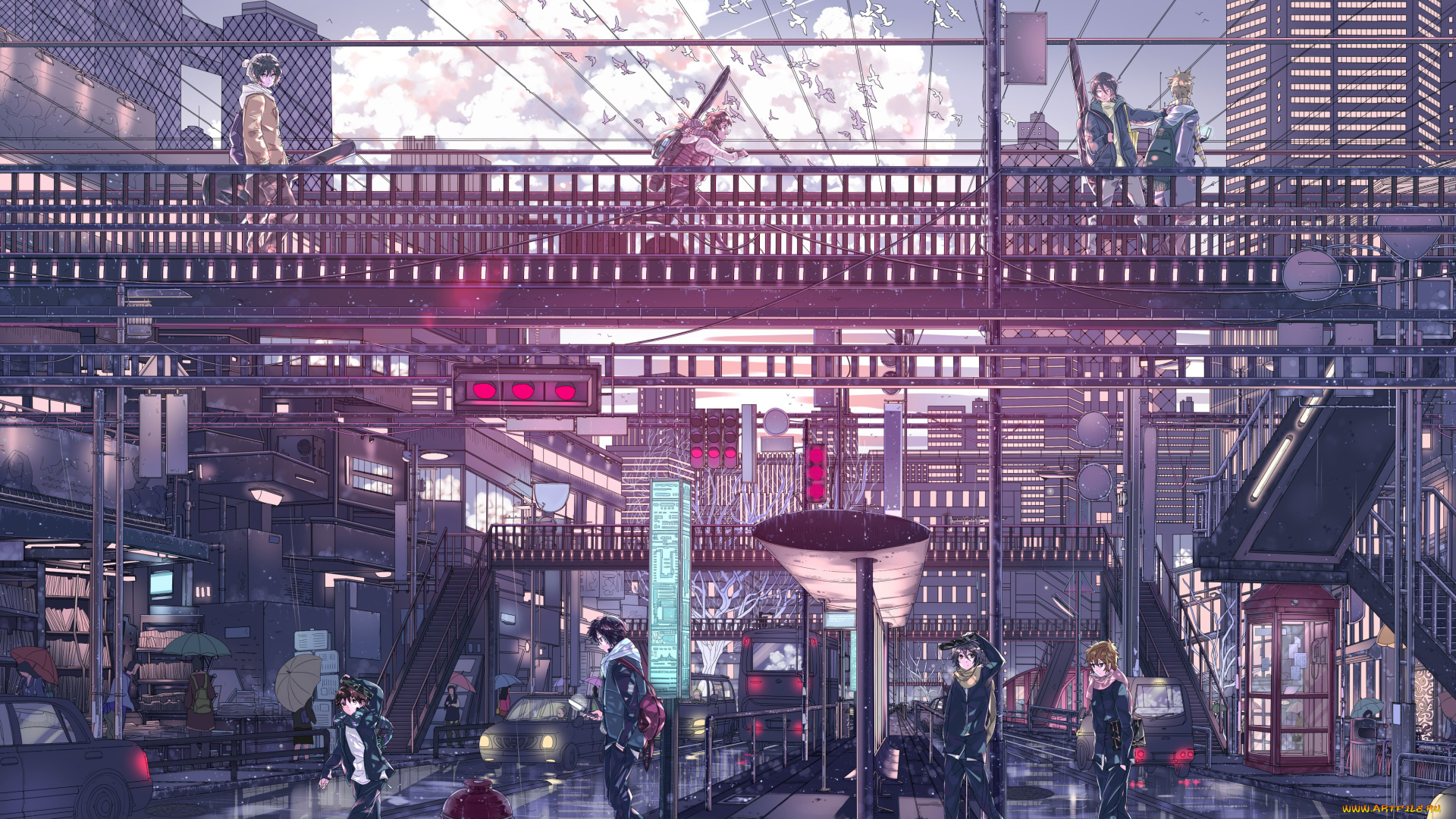 аниме, город, , улицы, , здания, арт, hpknight, парни, мост, дома, гитара, небо, закат, облака, птицы, светофоры, зонт