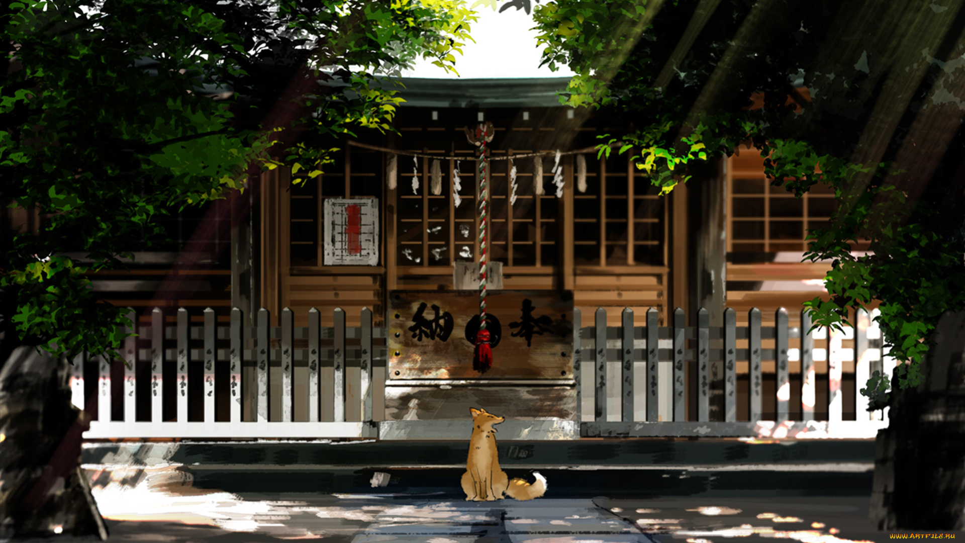 аниме, город, , улицы, , здания, деревья, лучи, храм, лиса