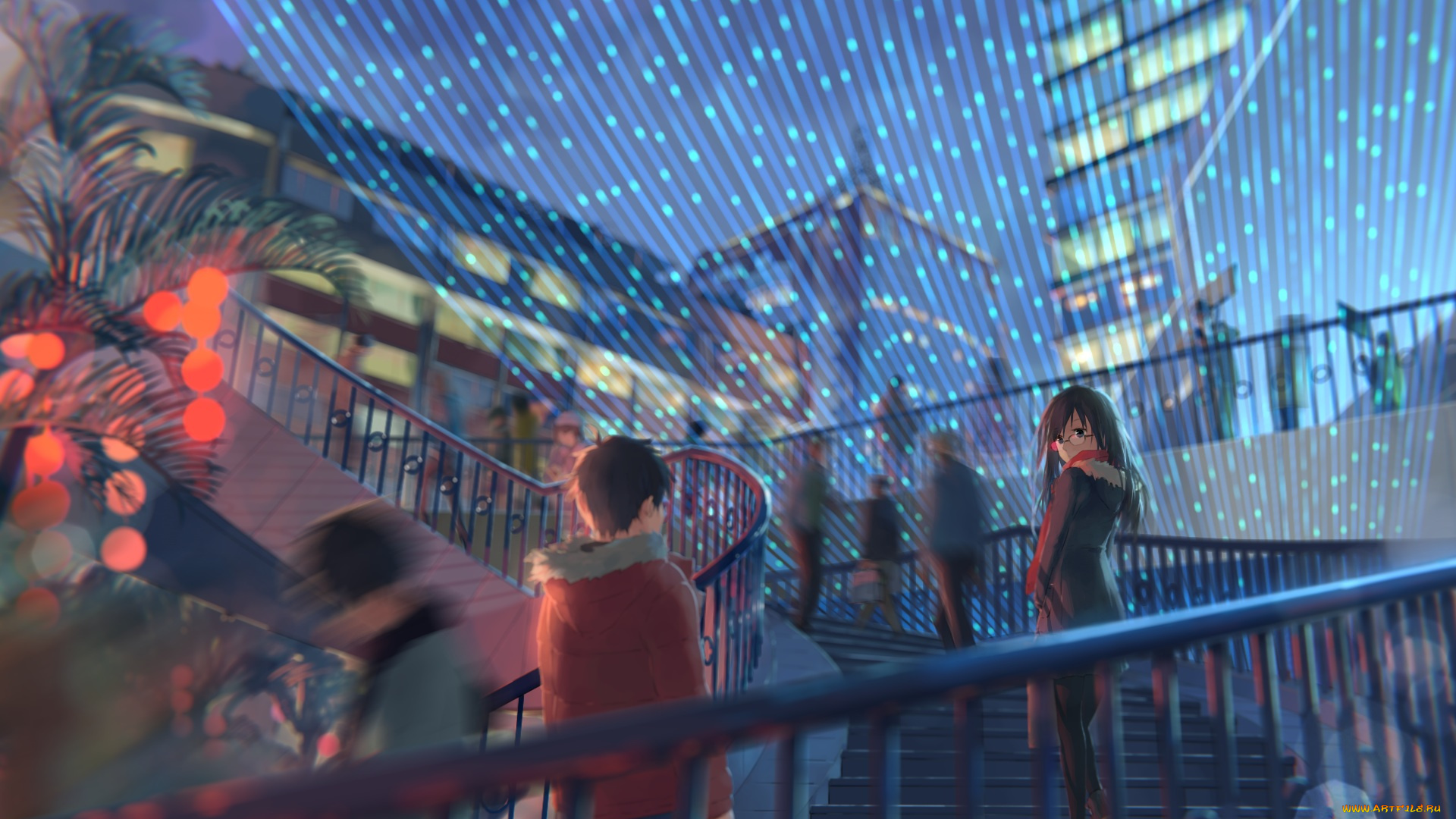 аниме, город, , улицы, , здания, люди, девушка, огни, ночь, арт, парень, optical-core