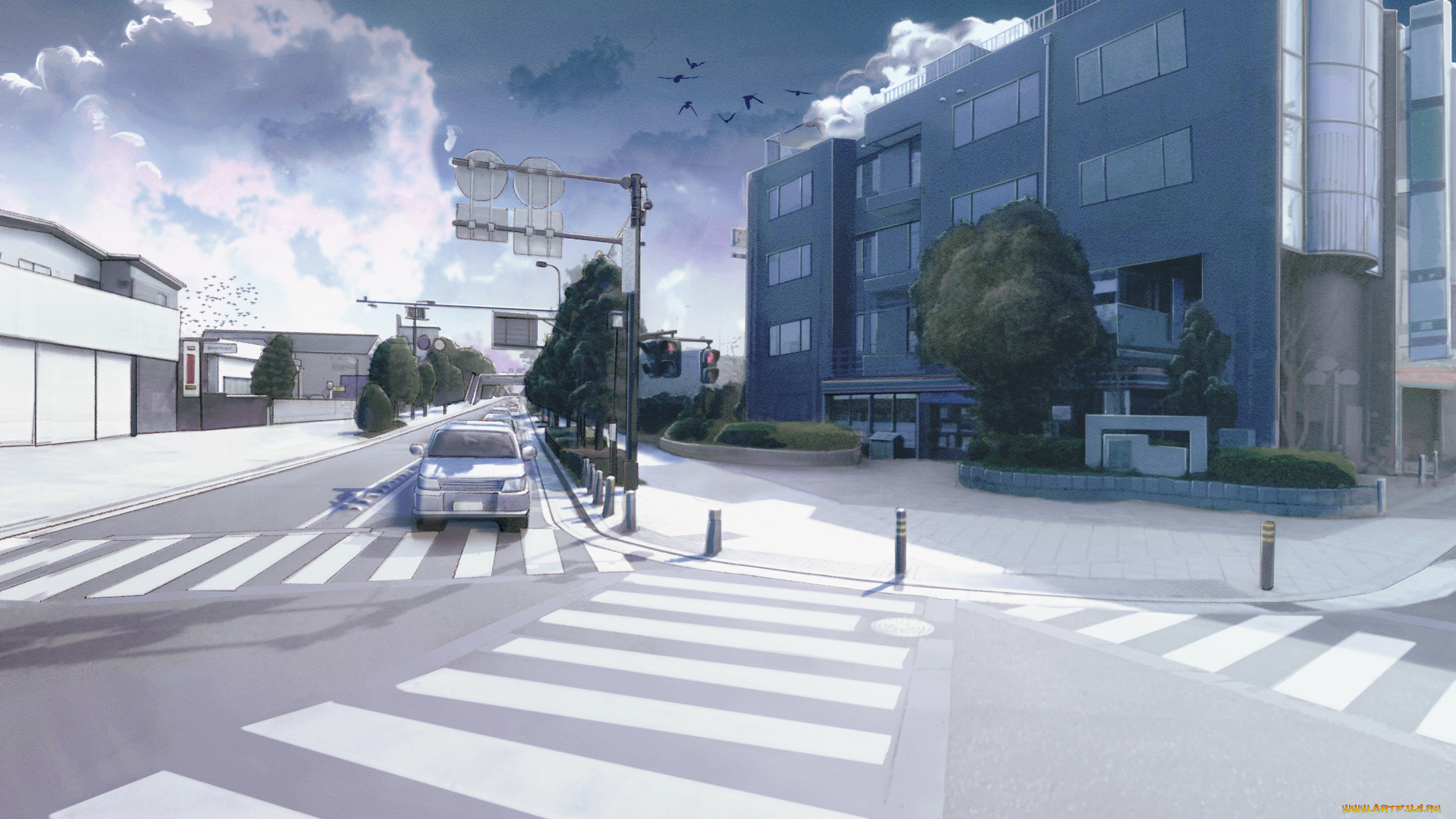 аниме, город, , улицы, , здания, светофор, здание, знаки, машины, птицы