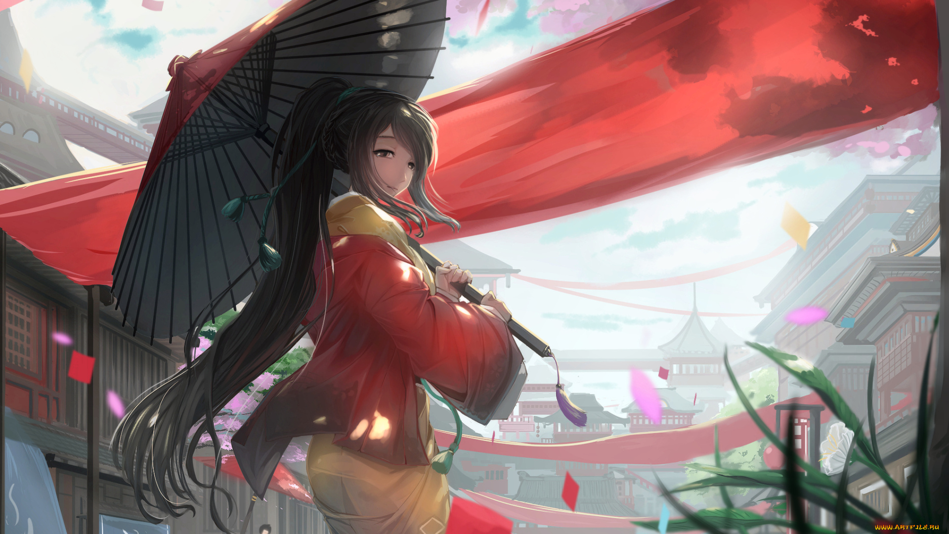 аниме, kikivi, , artbook, зонт, город, девушка, арт, kikivi