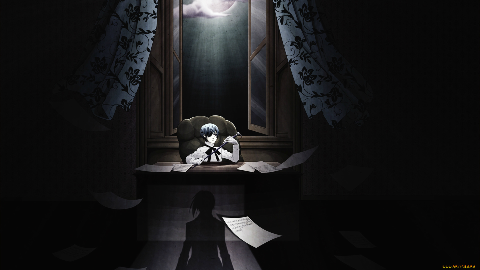 аниме, kuroshitsuji, ciel, phantomhive, открытое, окно, занавески, полнолуние, трость, кресло, тень, бумага, приказ