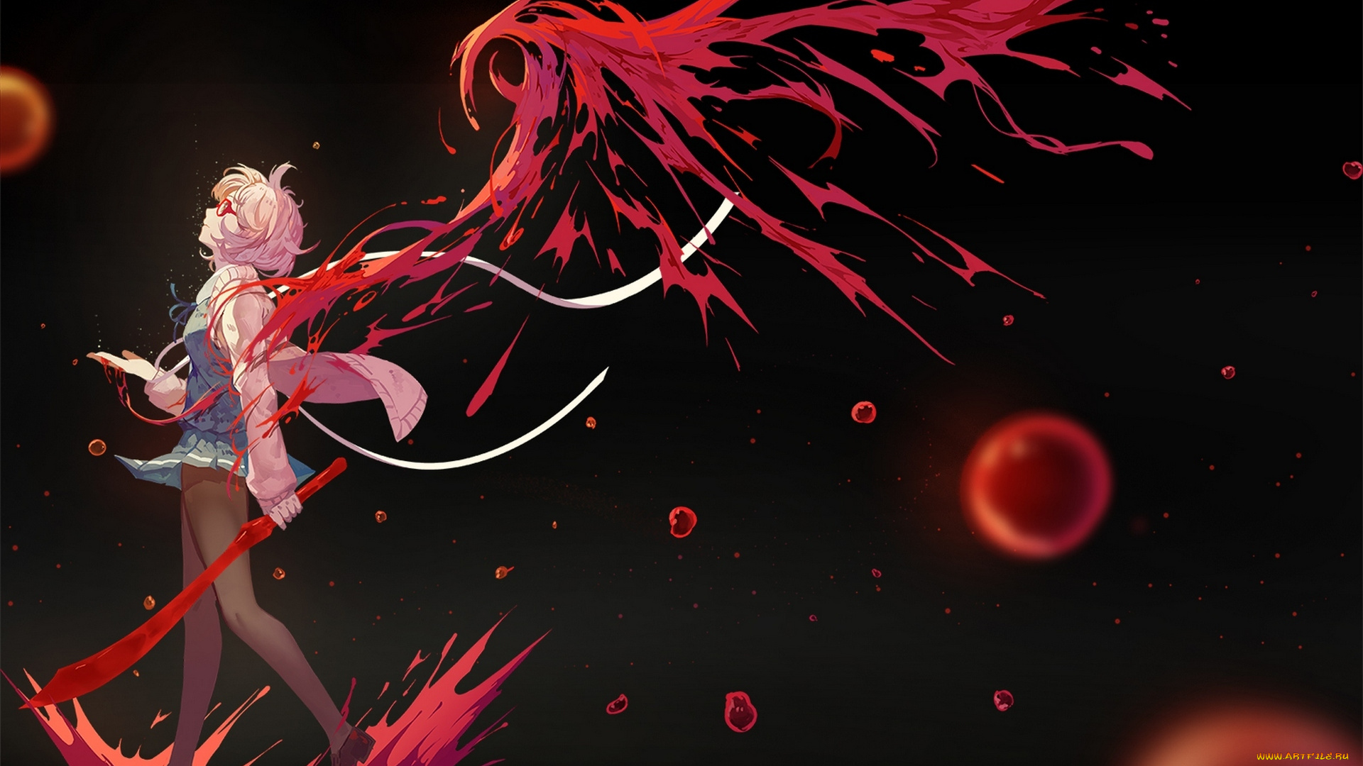 аниме, kyoukai, no, kanata, kuriyama, mirai, kyoukai, no, kanata, daaijianglin, nanaya, кровь, оружие, арт, девушка, крылья, меч