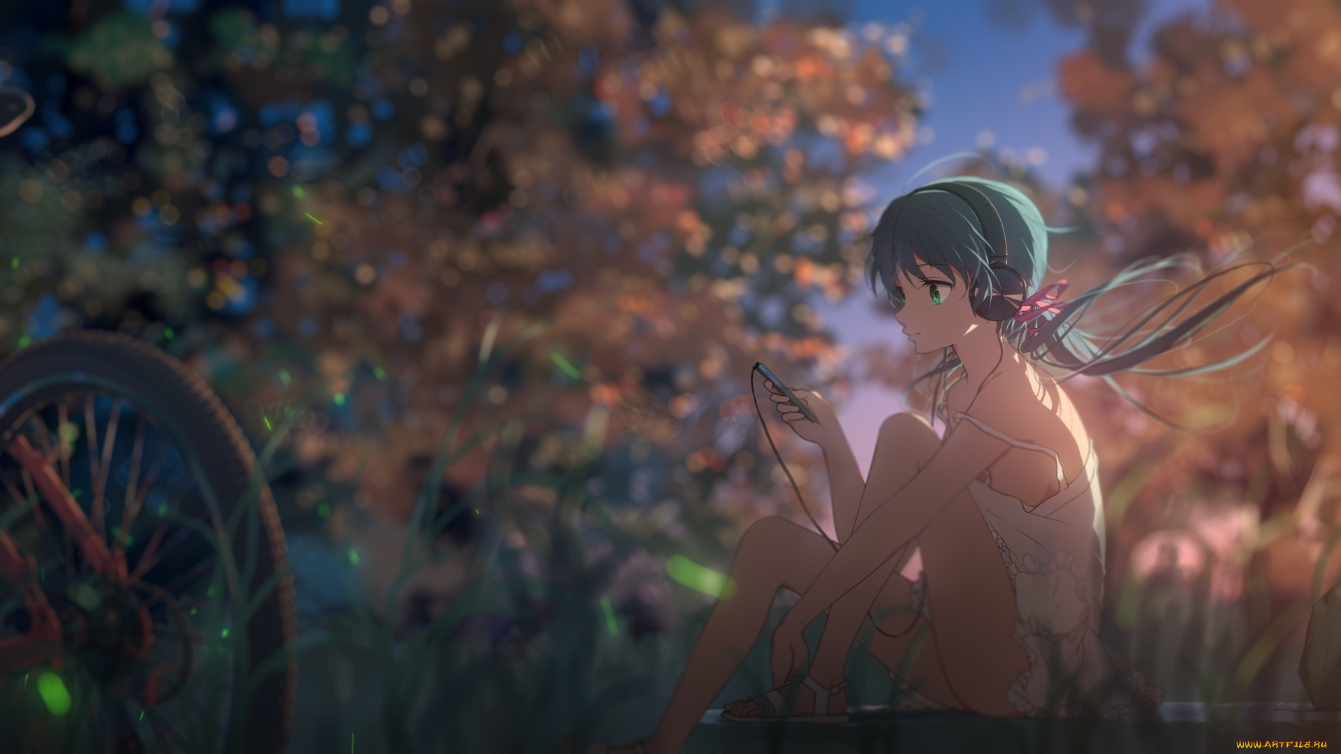 аниме, музыка, природа, телефон, велосипед, девочка, наушники, арт, optical-core