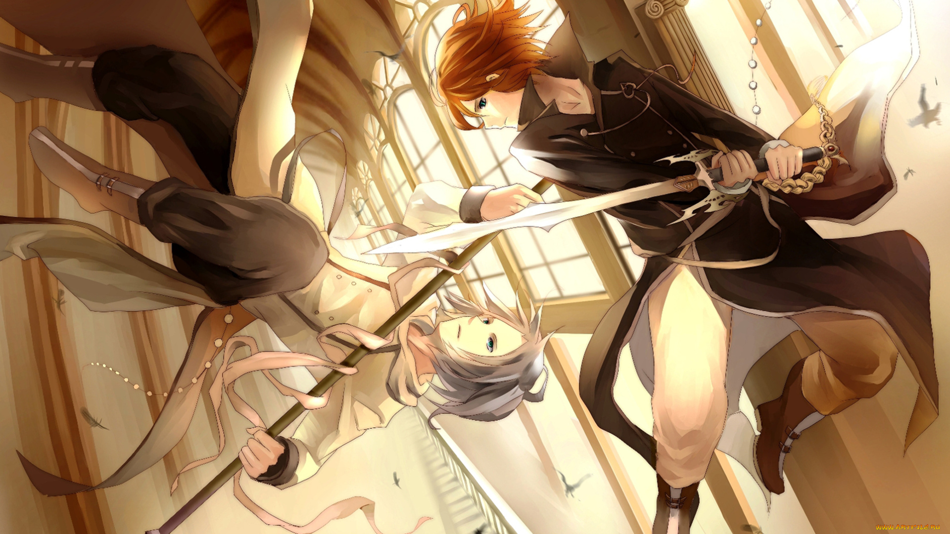 аниме, оружие, , техника, , технологии, парни, бой, двое, меч, рыжий, блондин