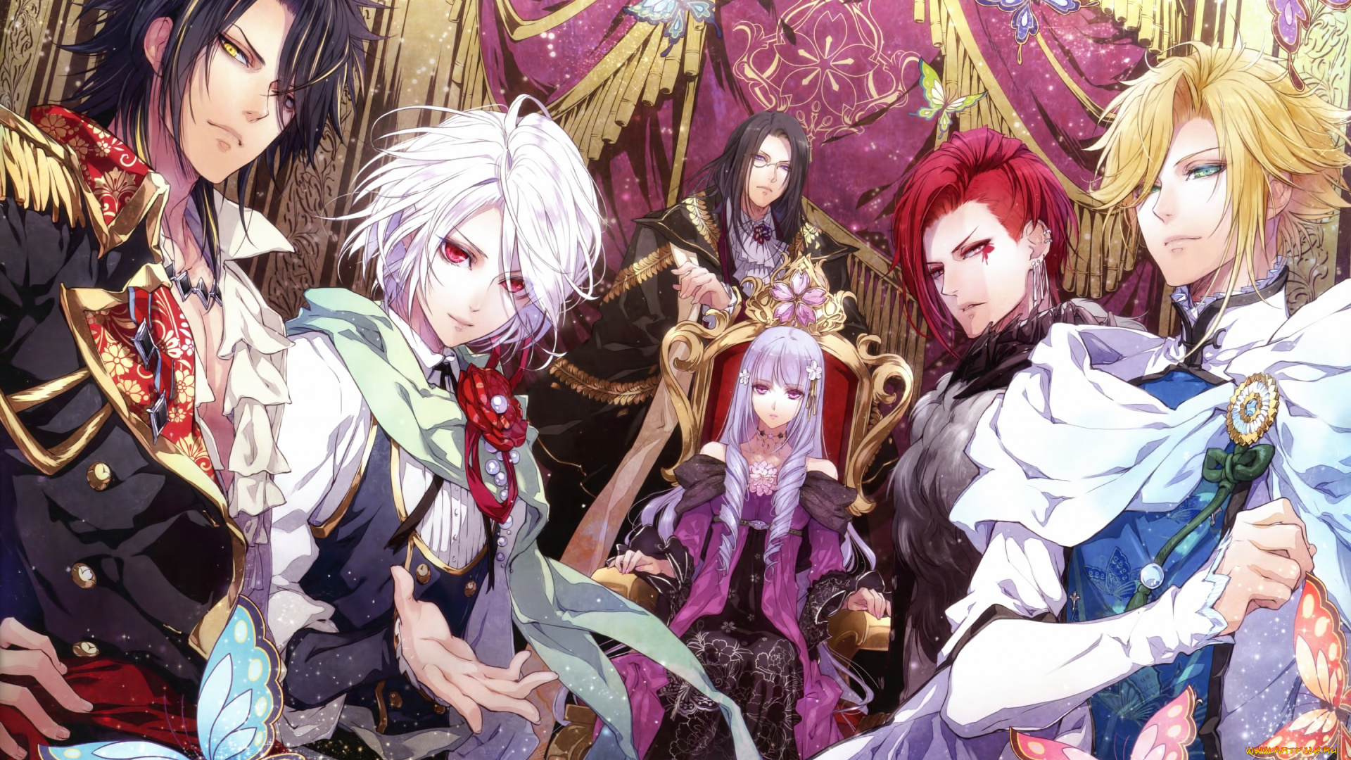 аниме, reine, des, fleurs, art, usuba, kagerou, девушка, violette, парни, ghislain, orpheus, leon, louis, hubert, взгляд, улыбка, жест, трон, reine, des, fleurs, idea, factory