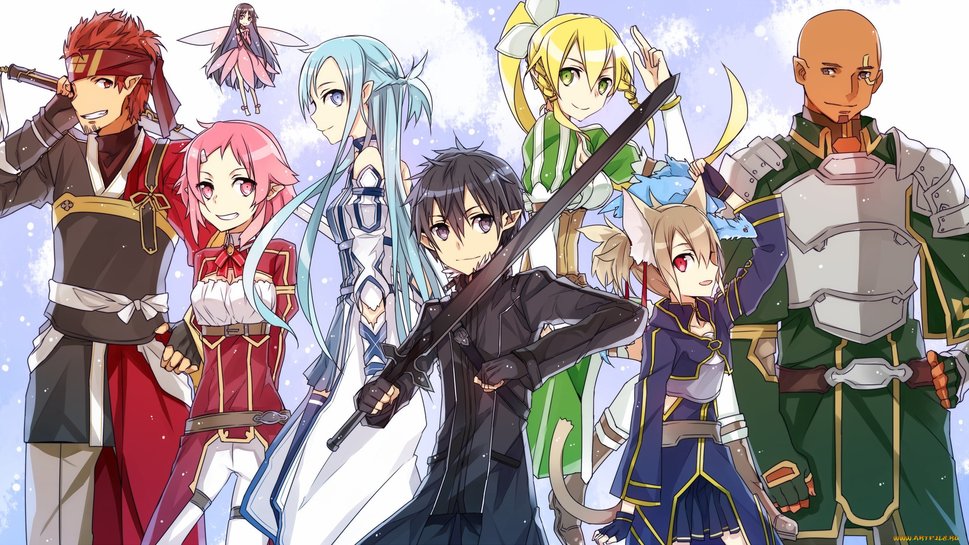 аниме, sword, art, online, jianmo, sl, sword, art, online, sao, klein, yui, lisbeth, yuuki, asuna, kirigaya, kazuto, kirito, leafa, silica, pina, agil, парни, девушки, герои, взгляд, оружие, меч, снежинки