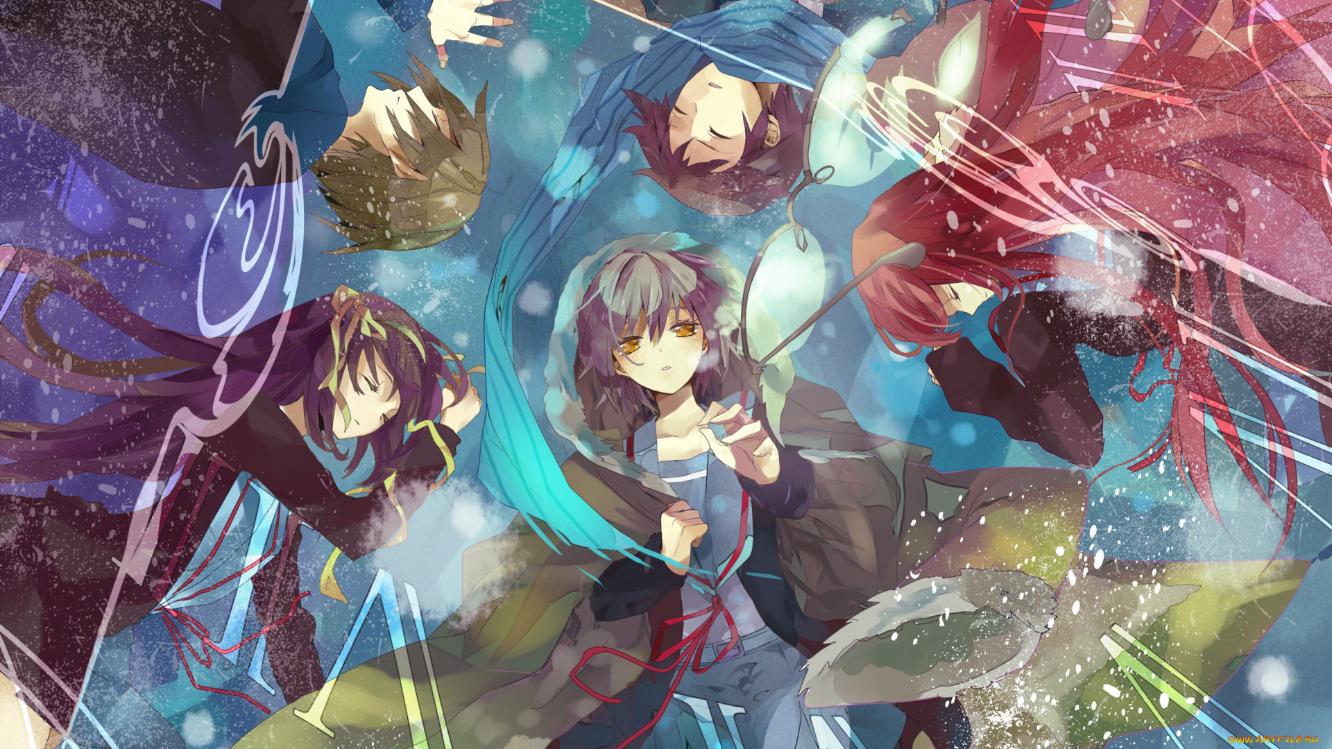 аниме, the, melancholy, of, haruhi, suzumiya, арт, kizuna, black15, the, melancholy, of, haruhi, suzumiya, no, yuutsu, nagato, yuki, asahina, mikuru, kyon, koizumi, itsuki, девушки, парни, очки, меланхолия, харухи