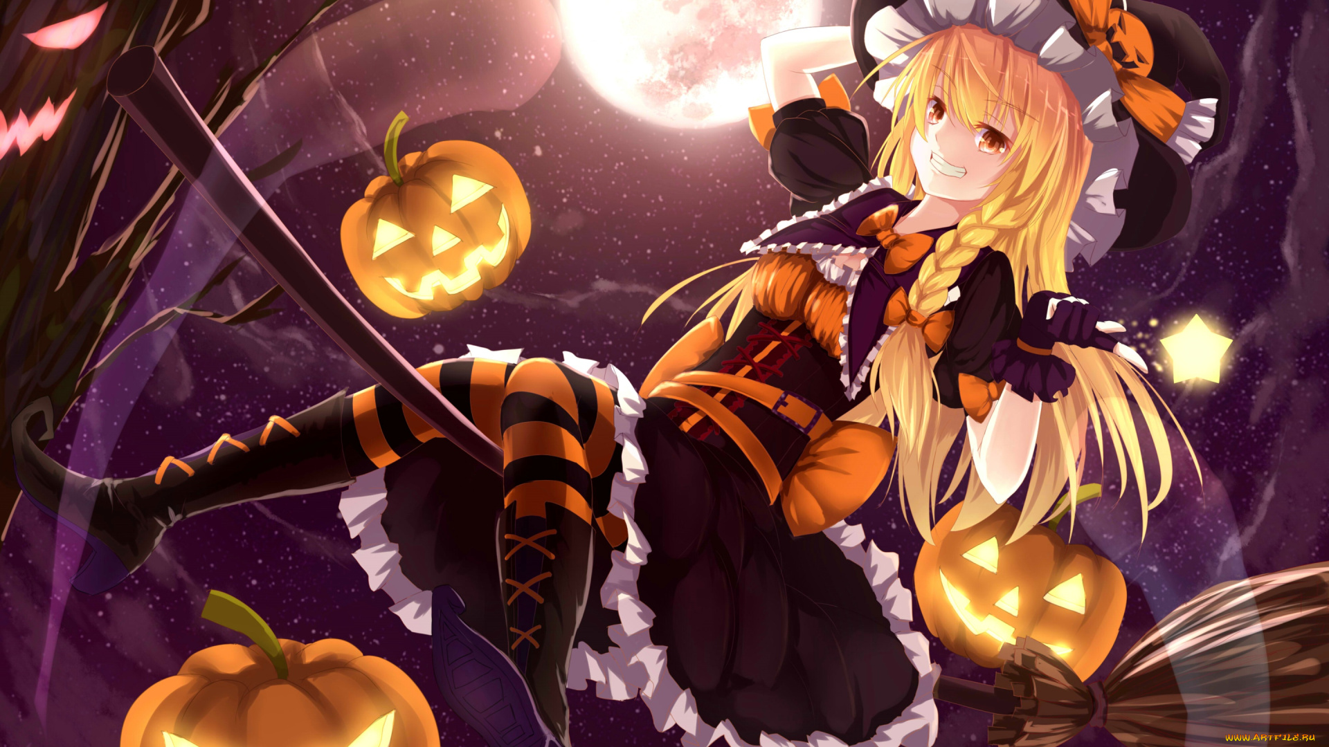 аниме, touhou, bakanoe, парздник, kirisame, marisa, девушка, луна, тыква, ночь, арт