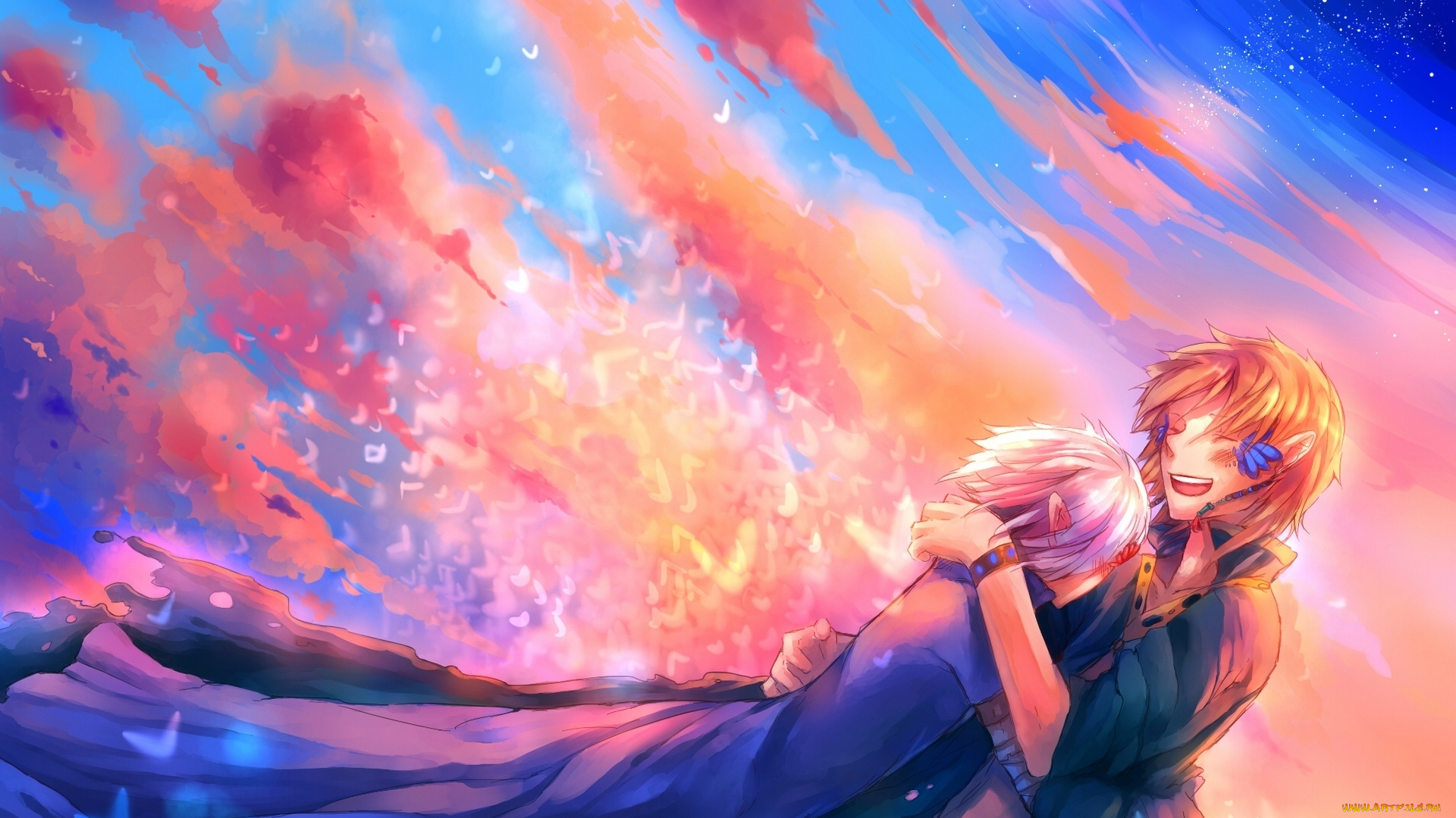 аниме, unknown, , другое, арт, uchuubranko, парни, закат, небо, облака, птицы