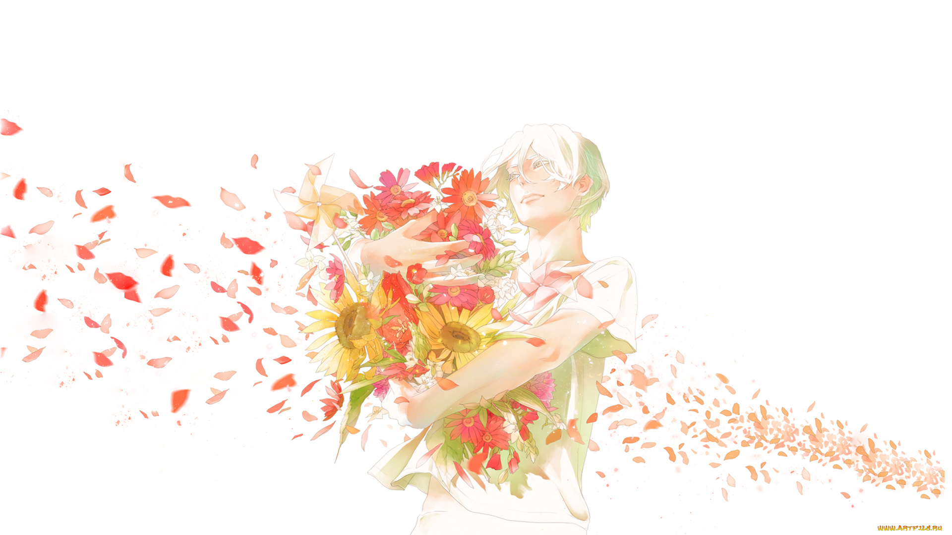 аниме, unknown, , другое, букет, парень, re, подсолнухи, art, цветы