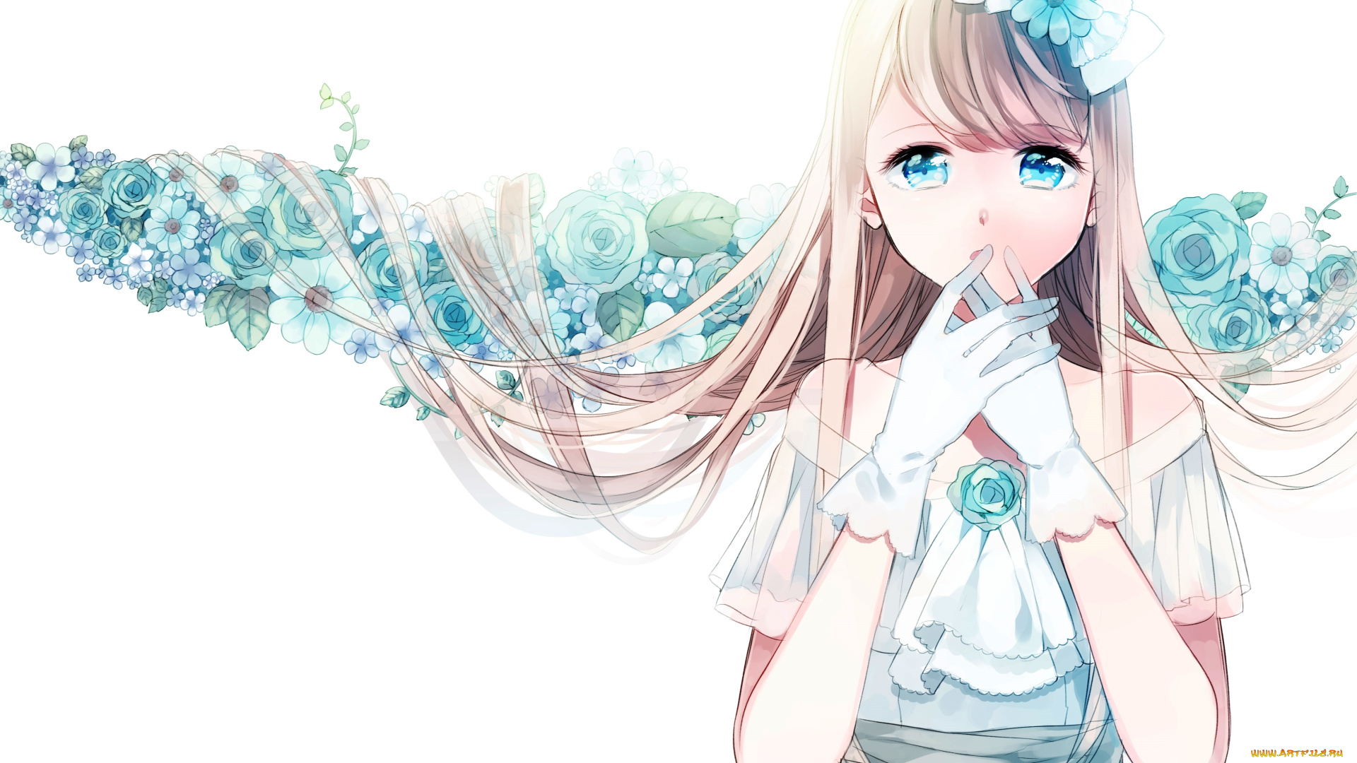 аниме, unknown, , другое, длинные, волосы, перчатки, цветы, голубые, глаза, белый, фон, белое, платье, девочка