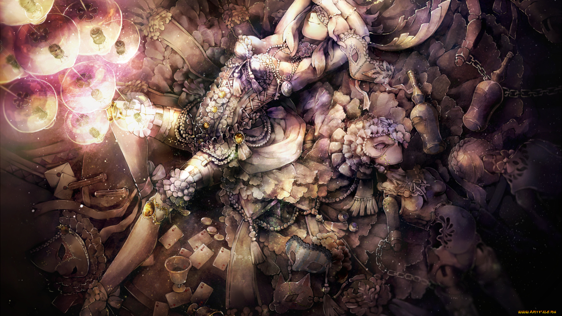 аниме, unknown, , другое, украшения, марионетки, кукла, девушка, бутылки, карты, маски