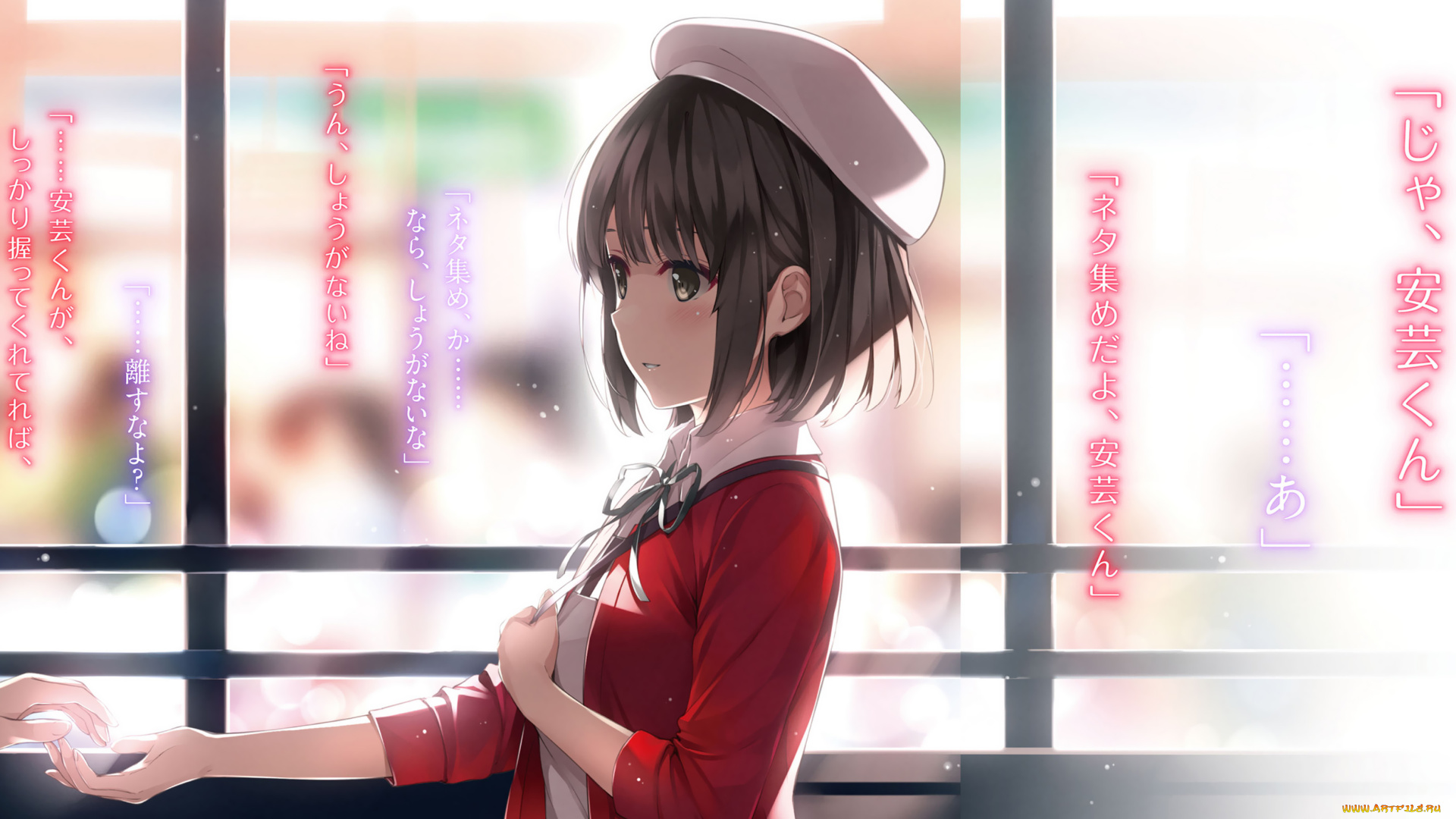 аниме, unknown, , другое, взгляд, фон, девушка, megumi, misaki, шляпа