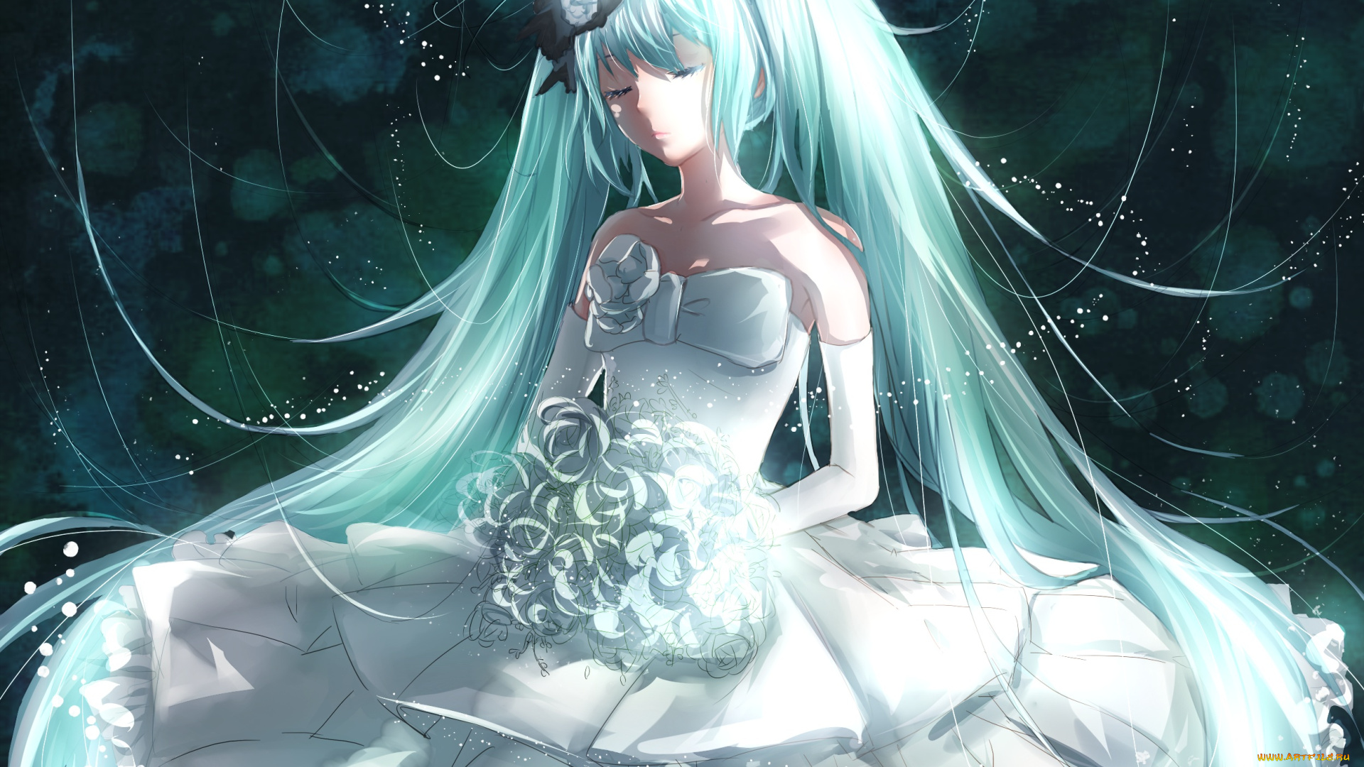 аниме, vocaloid, девушка, взгляд, фон, платье, волосы, цветы