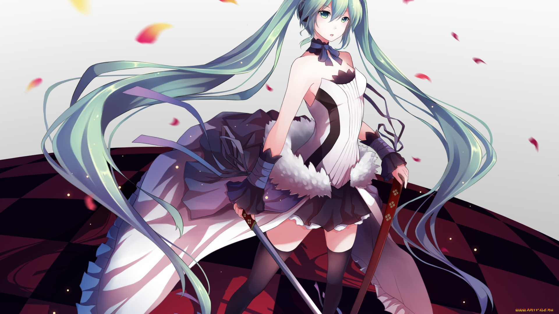 аниме, vocaloid, hatsune, miku, девушка, ng, art, вокалоид, лепестки, ножны, катана, оружие, платье