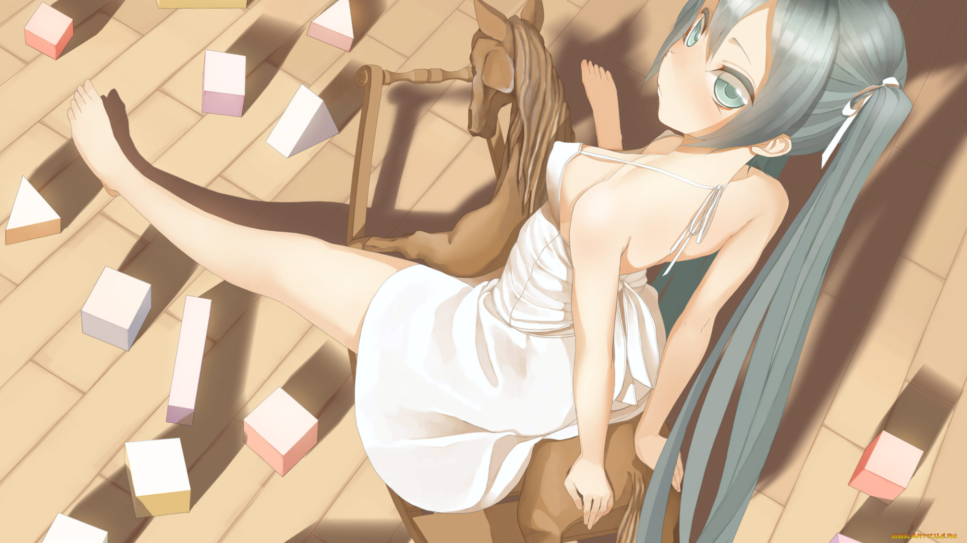 аниме, vocaloid, лошадка, взгляд, девушка, hatsune, miku, throtem, кубики, арт