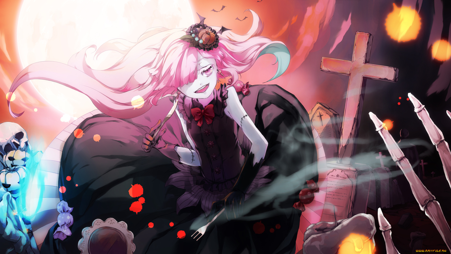 аниме, vocaloid, mayu, хеллоуин, девушка, арт, крест, свечи, луна, черепа, нож, enka, aknne