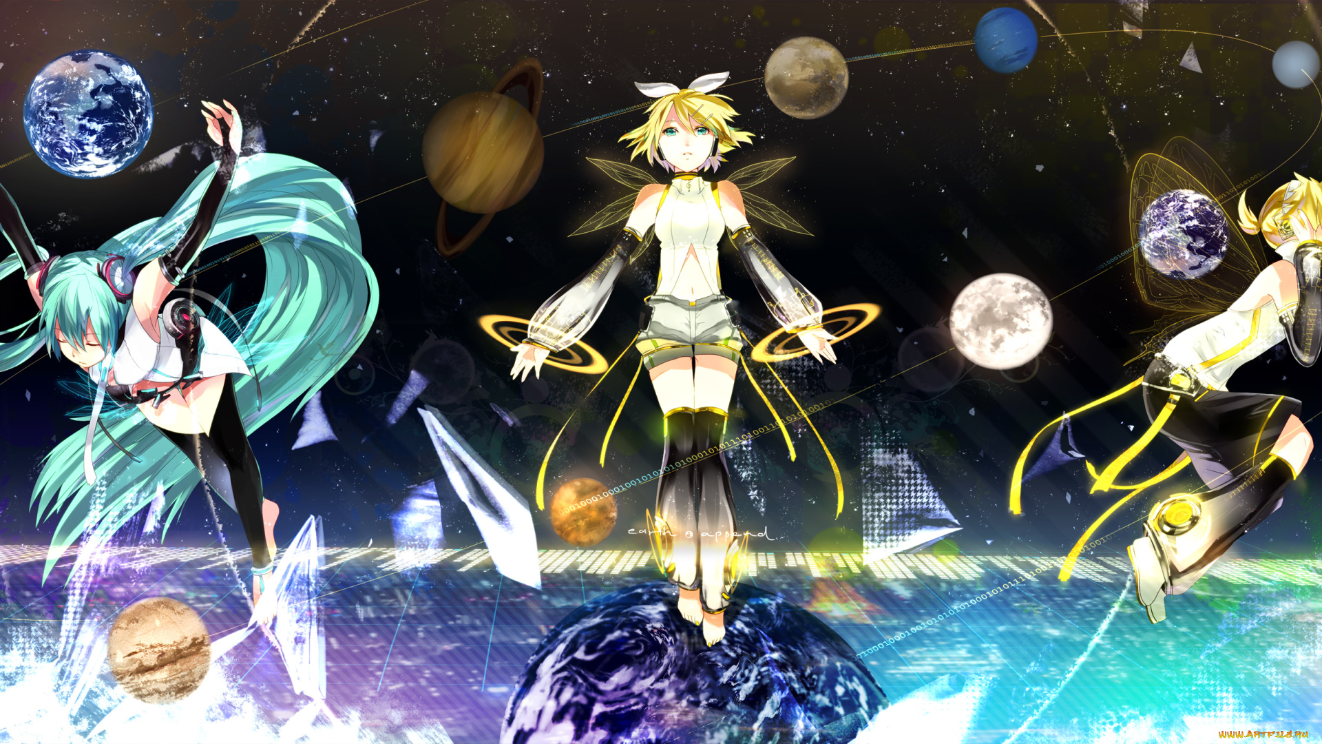 аниме, vocaloid, звезды, планеты, уран, miku, append, hatsune, сатурн, плутон, марс, земля, венера, девушки, нептун, парень, меркурий, юпитер, len, вокалоид, plumblossom, арт, ume, kagamine, rin